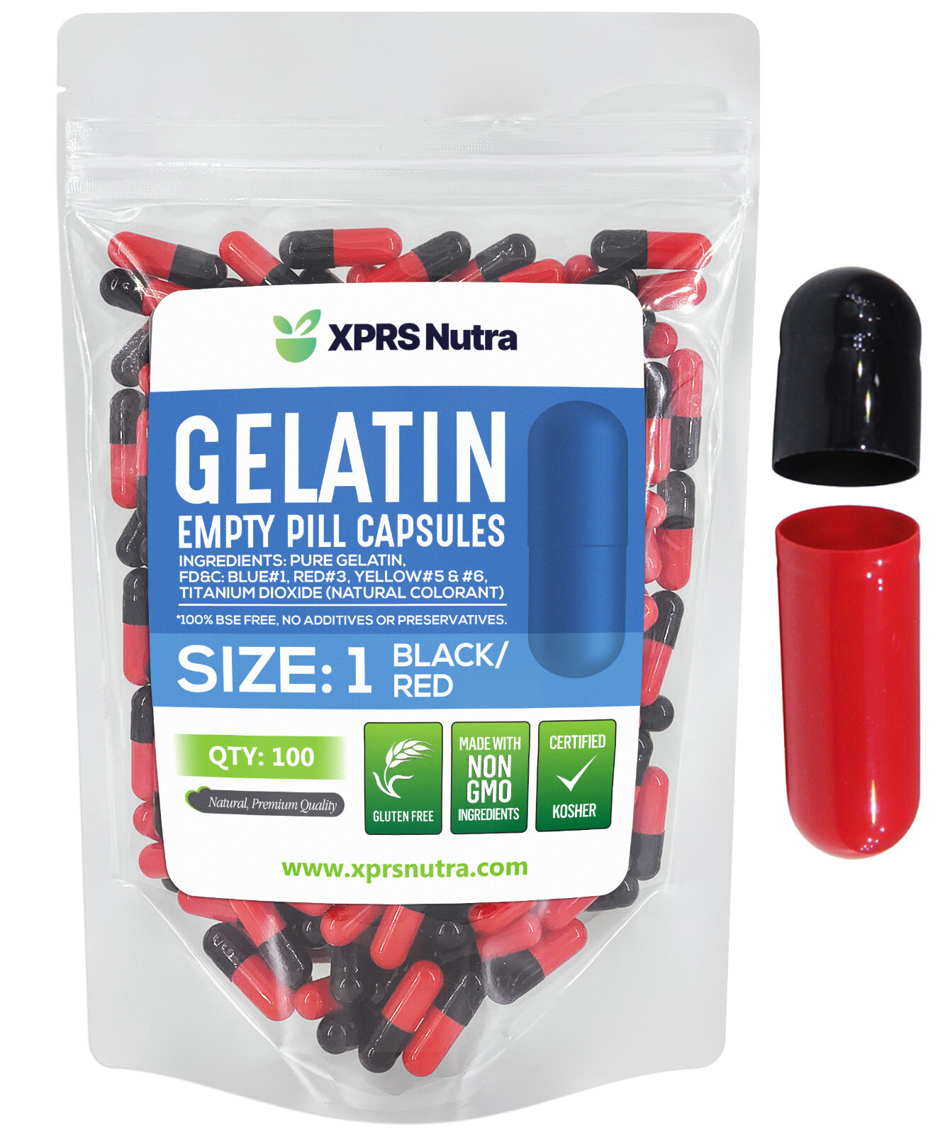 Size 1 Black/Red Empty Gelatin Capsules Gelcaps Pills Kosher Caps