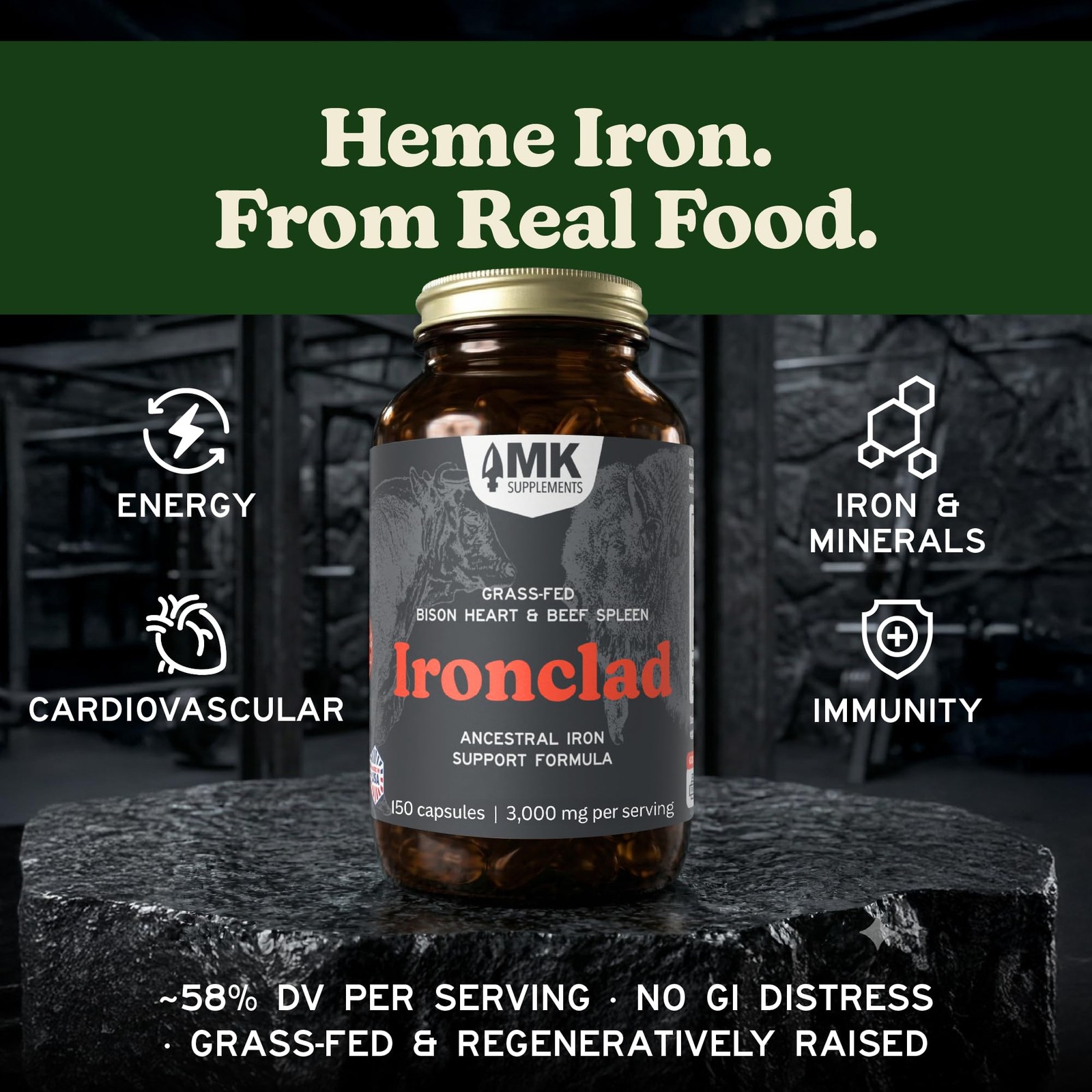 MK Supplements IRONCLAD | Beef Spleen & Bison Heart Capsules | ~58% DV Heme I…