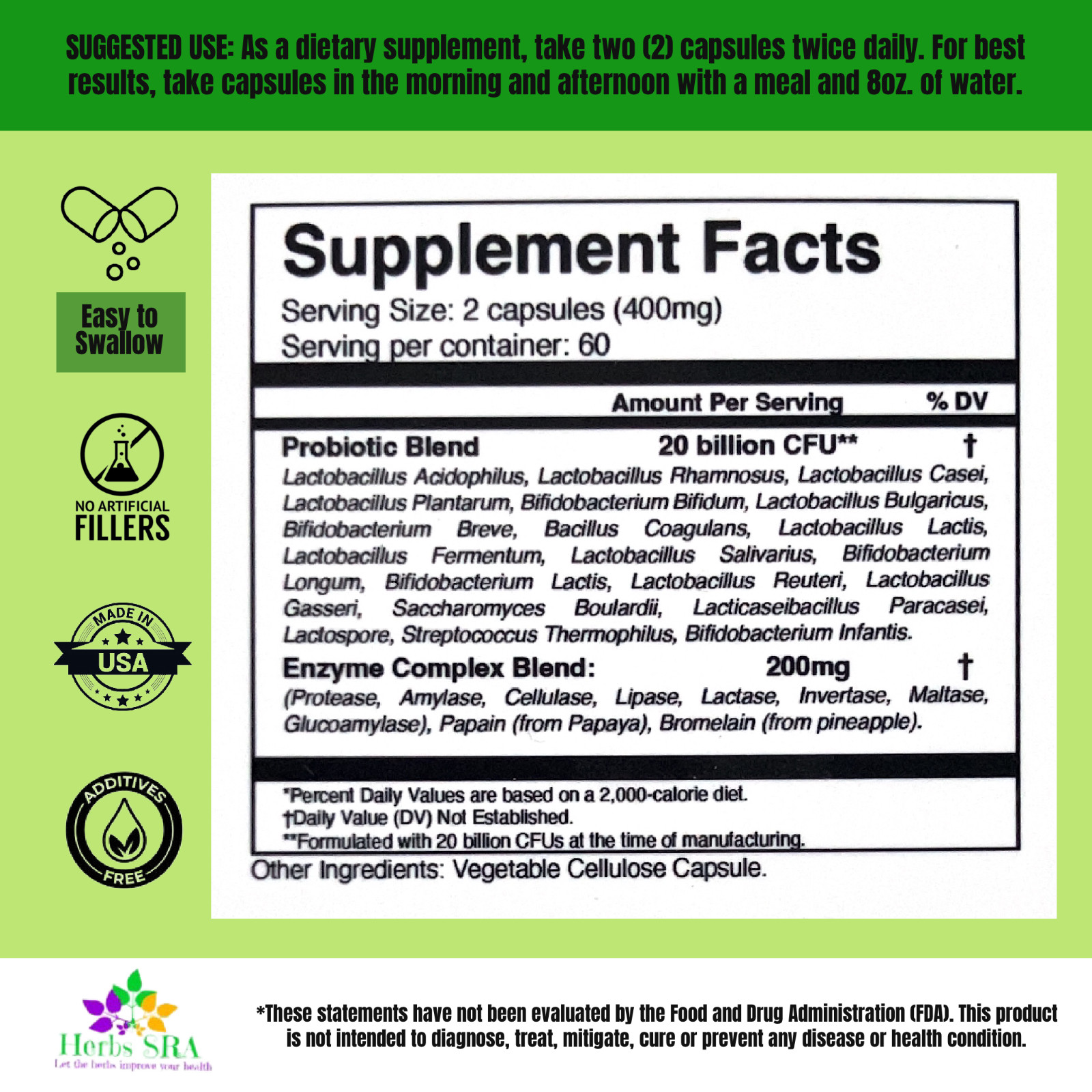 Probiotics 20 billion CFU and Lipasa, Amylase, Bromelain, Papain, Protease, more