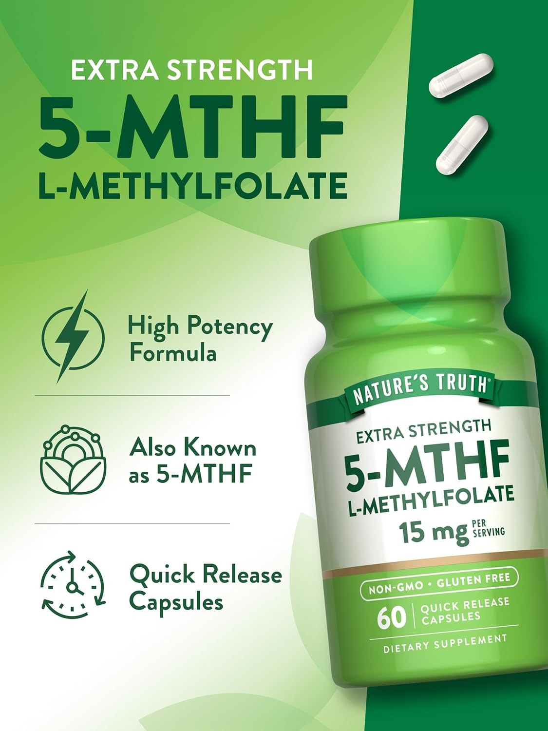 L-Methylfolate 15mg | 60 Capsules | Extra Strength | Non-GMO | by Nature’s Truth
