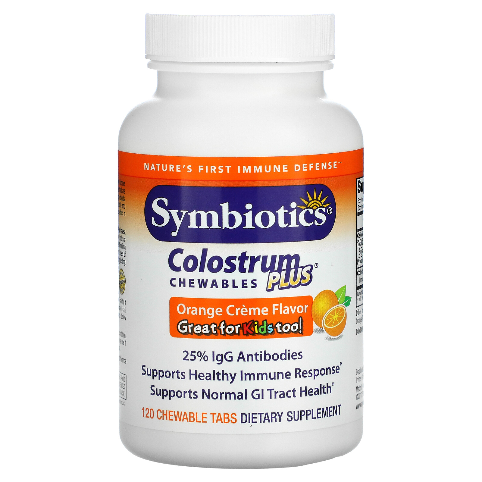 Symbiotics Colostrum Plus Orange Crème Flavor 120 Chewable Tabs Antibiotic-Free,