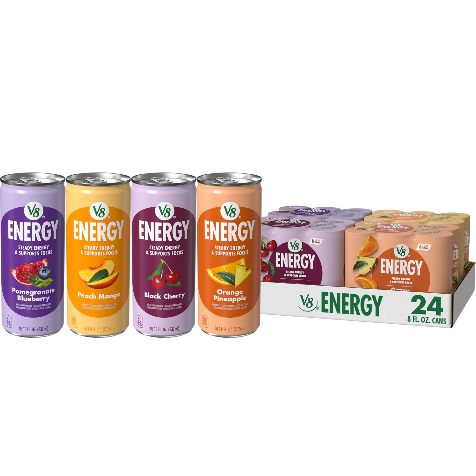 V8 +Energy Peach Mango, Orange Pack of 24 (8 Fl Oz), 4 Flavor Variety