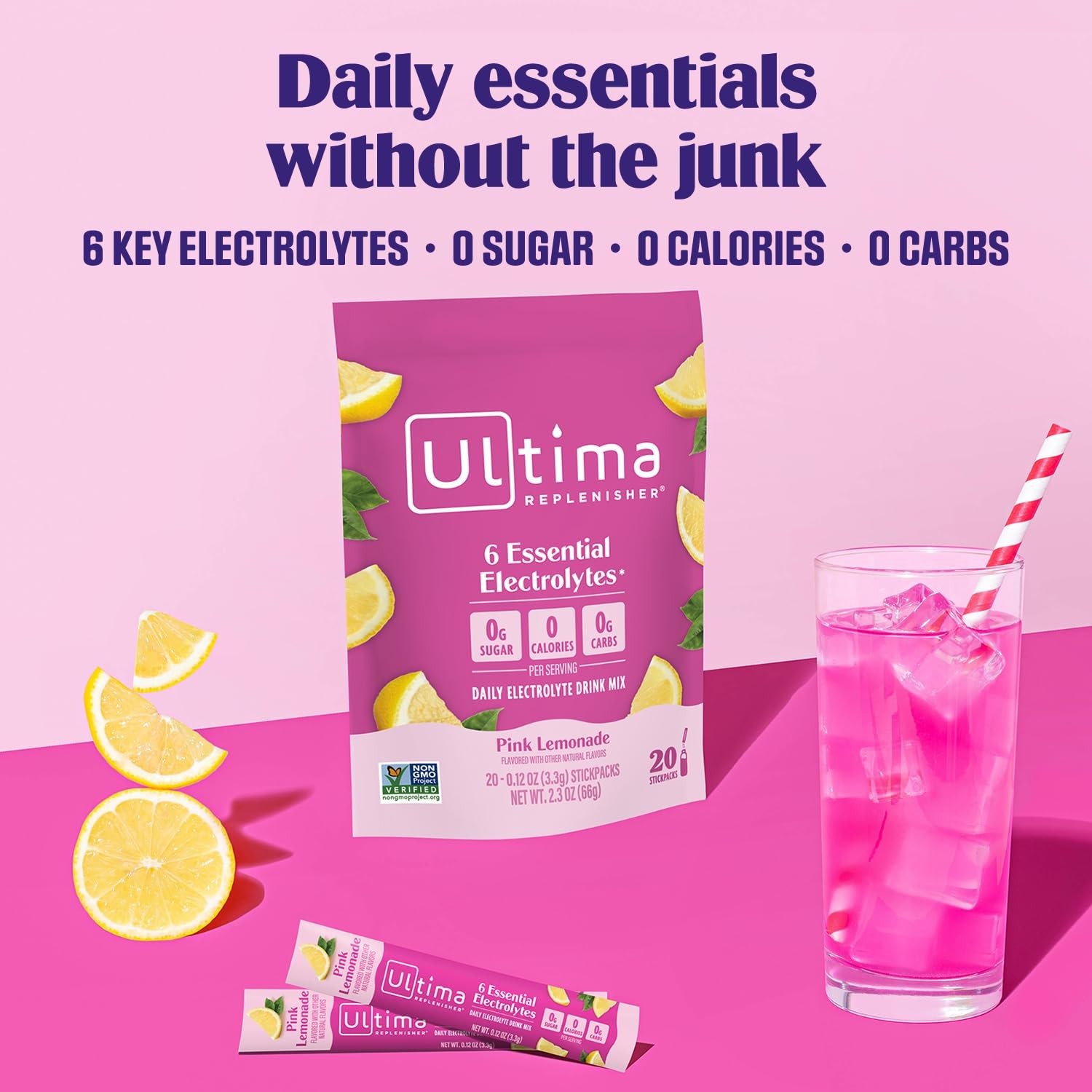 Ultima Replenisher Daily Electrolyte Powder – Pink Lemonade, 20 Stickpacks – …