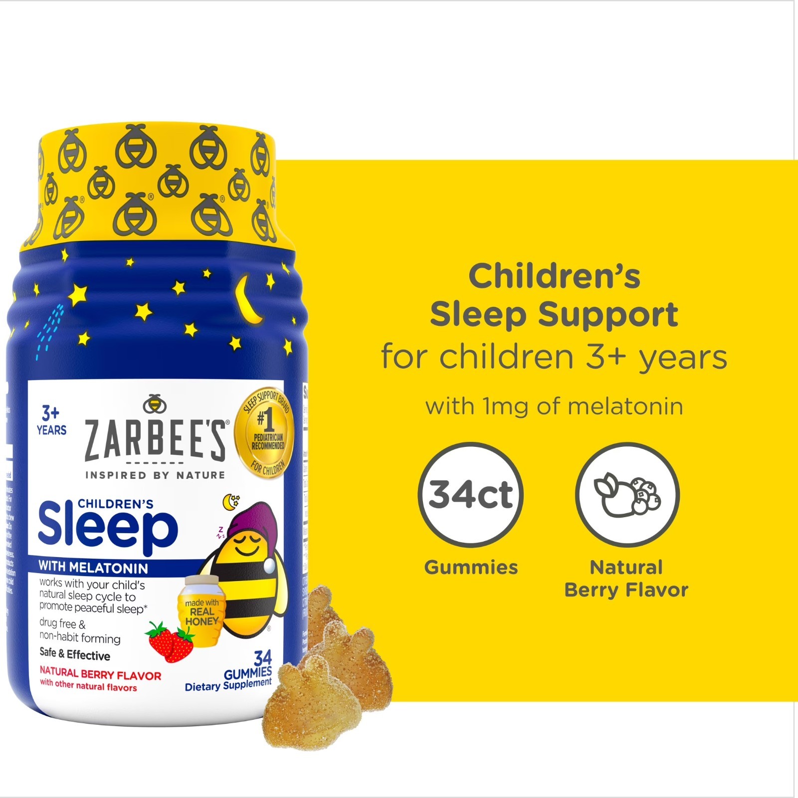 Zarbees Childrens Sleep Gummies with Melatonin Natural Berry 34 Count