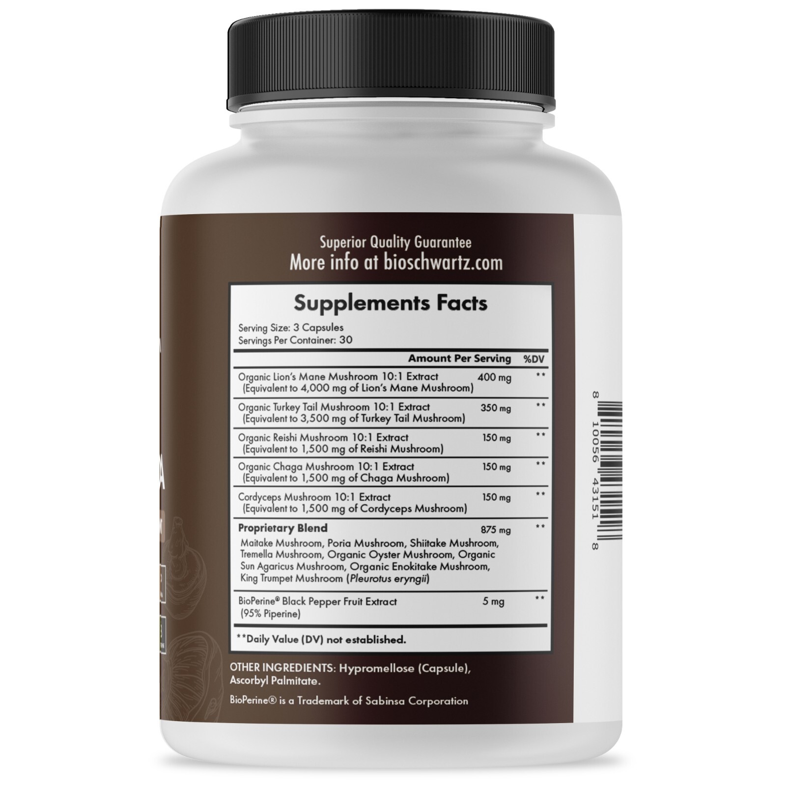 Mushroom Supplement Organic Lions Mane Capsule Complex with Reishi, Turkey, 90ct