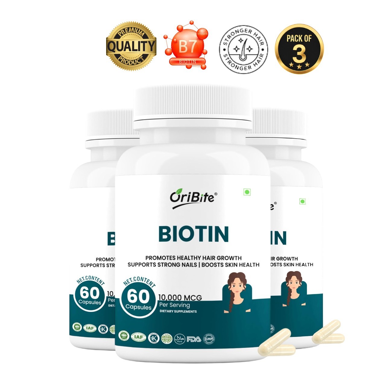 ORI.BITE Biotin 10000mcg 60 Veg Capsules Pack of 3