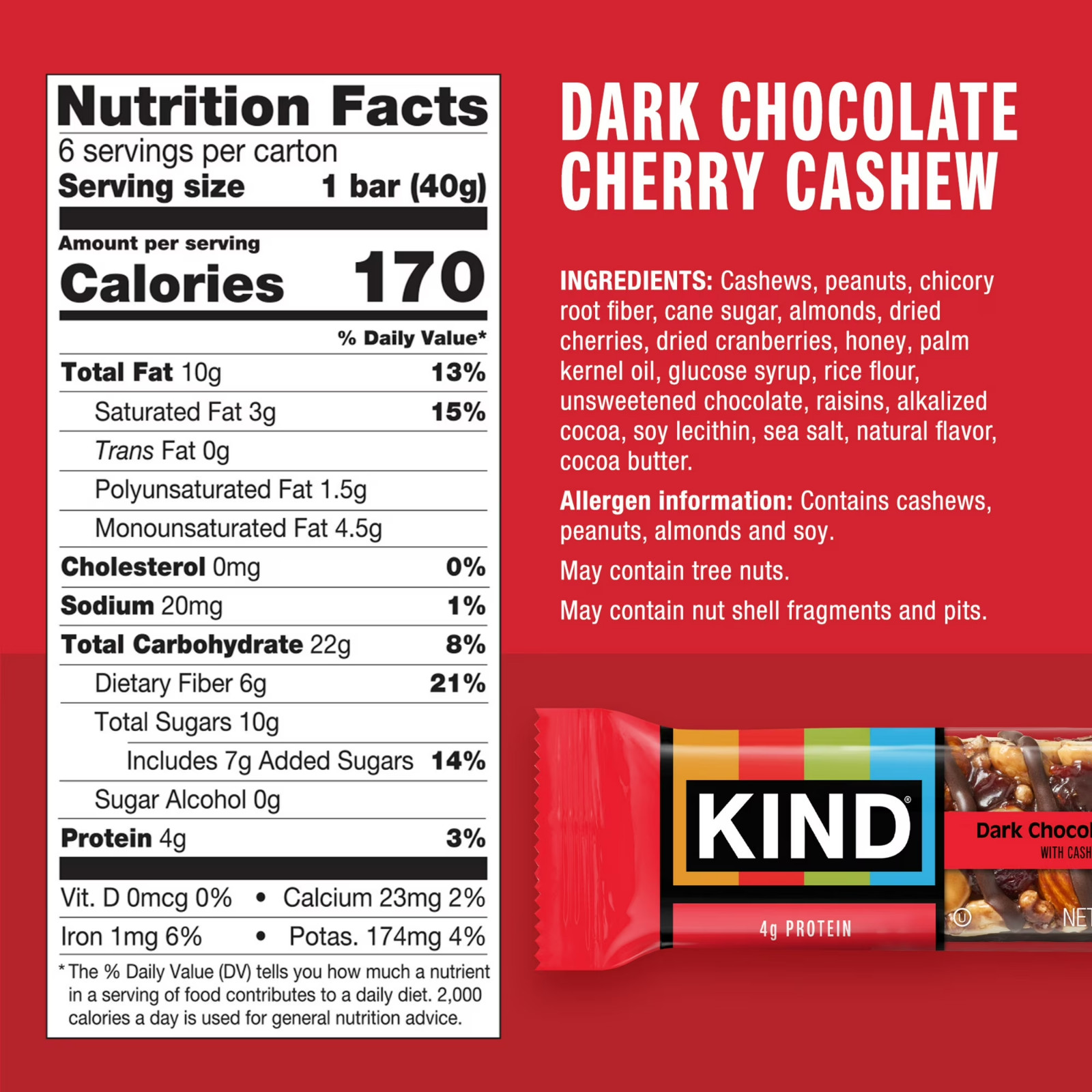 KIND Gluten Free Dark Chocolate Cherry Cashew Snack Bars, 1.4 oz, 6 Count Box