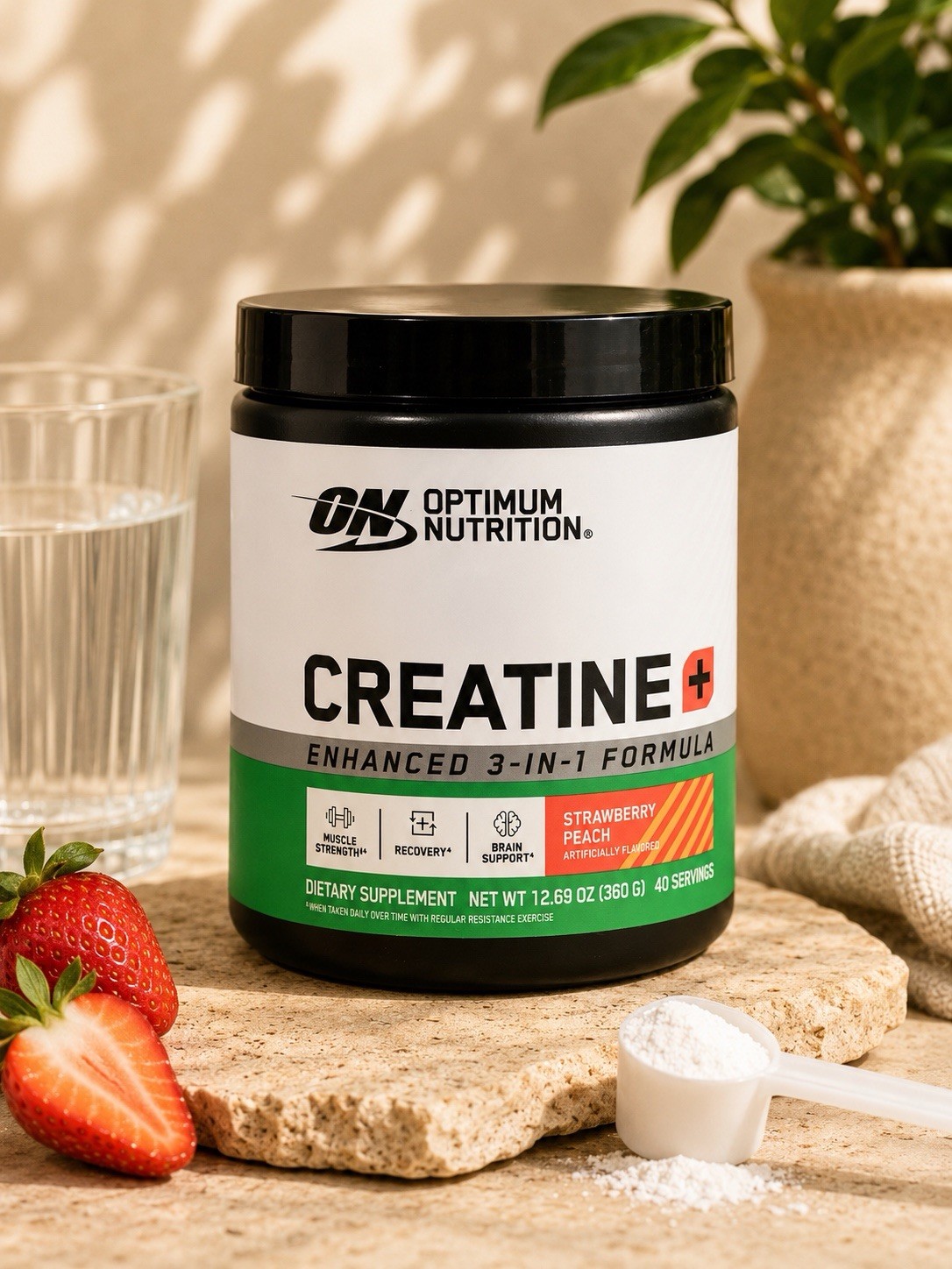 Optimum Nutrition Creatine+ Enhanced 3-in-1 Formula Strawberry Peach 12.69 oz