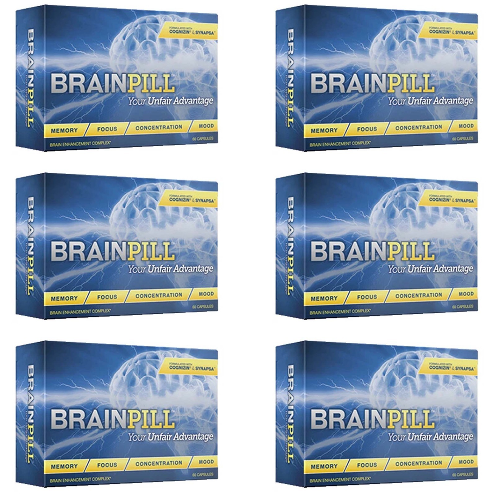 BRAIN PILL (6 Pack) Nootropics Faster Memory Focus Mental Stamina BrainPill