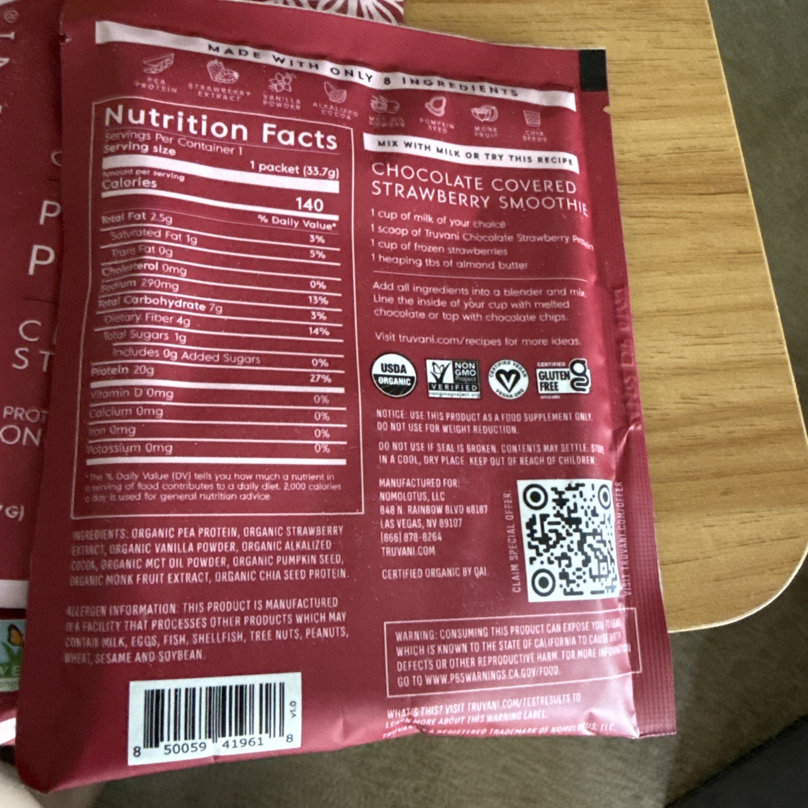 Truvani Plant Based Protein 3 Chocolate Strawberry Single Serving X3