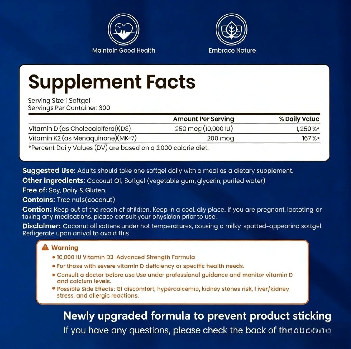 VEV Vitamin D3 K2 MK7 Softgels 10000IU D3 200mcg MK-7 with Coconut Oil 300 Count