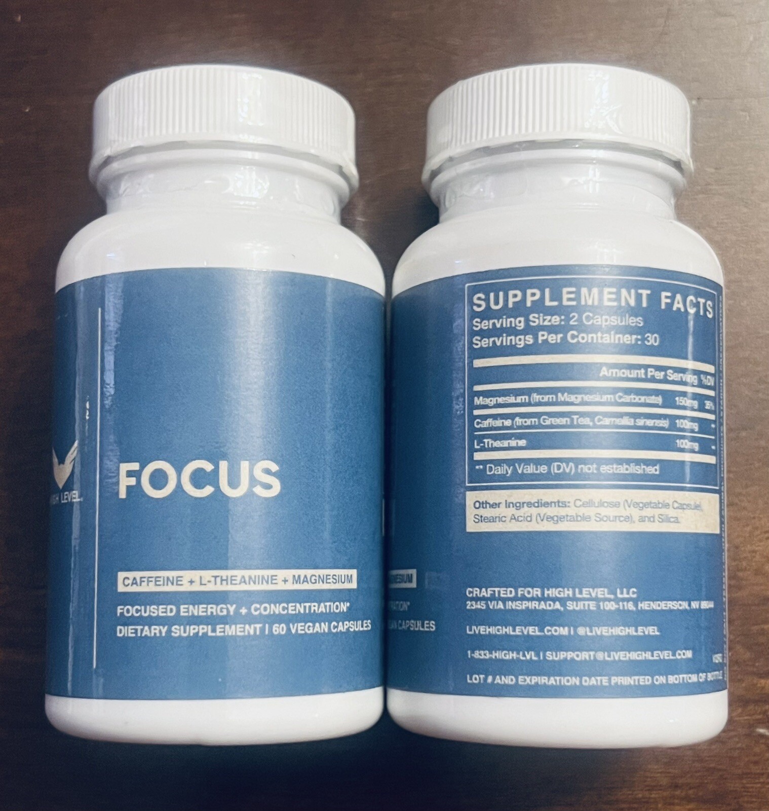 NEW High Level FOCUS 60 VEGAN Capsules CAFFEINE L-THEANINE MAGNESIUM Supplement