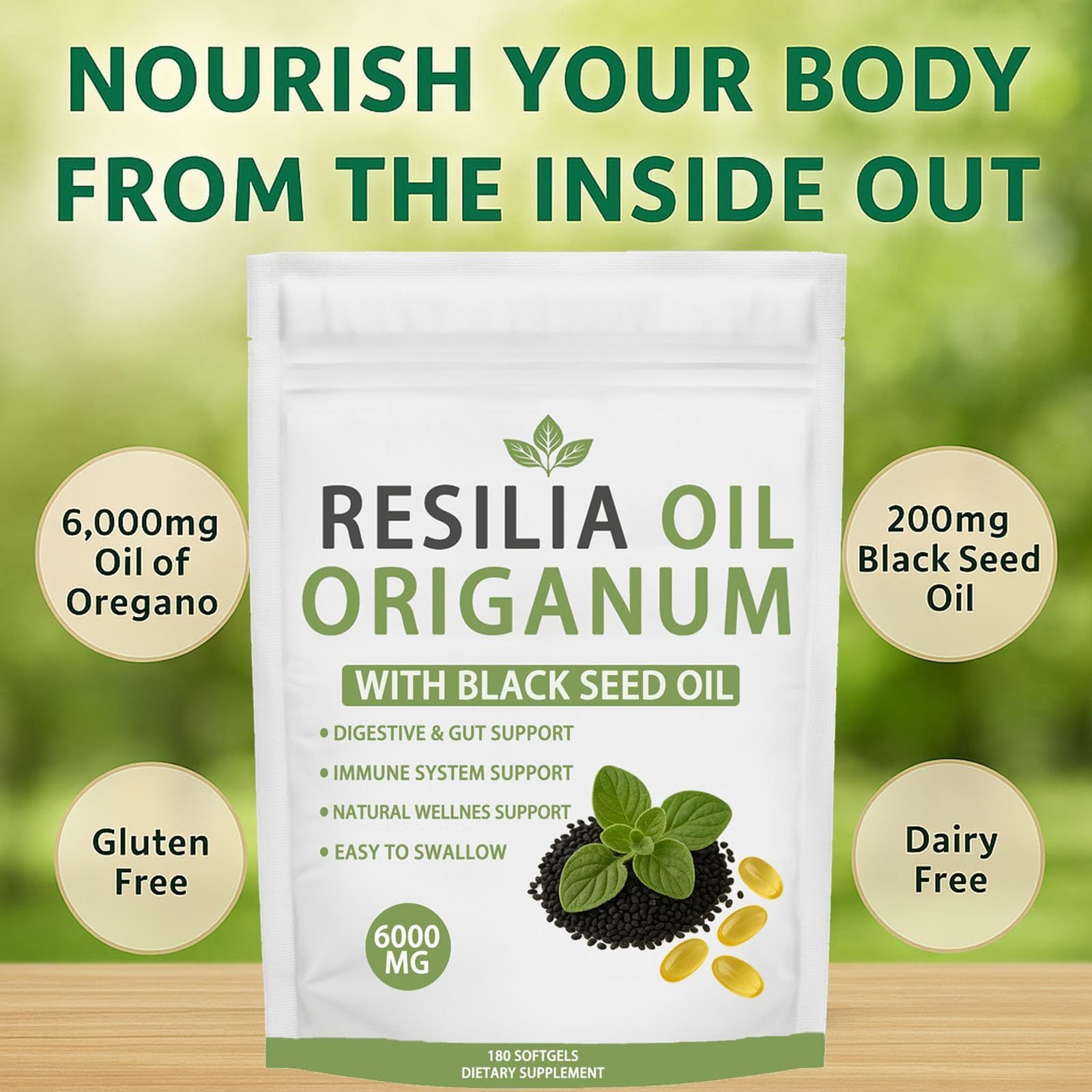 Resilia Oil Of Oregano With Black Seed Oil 6,000MG-New （1-3 package