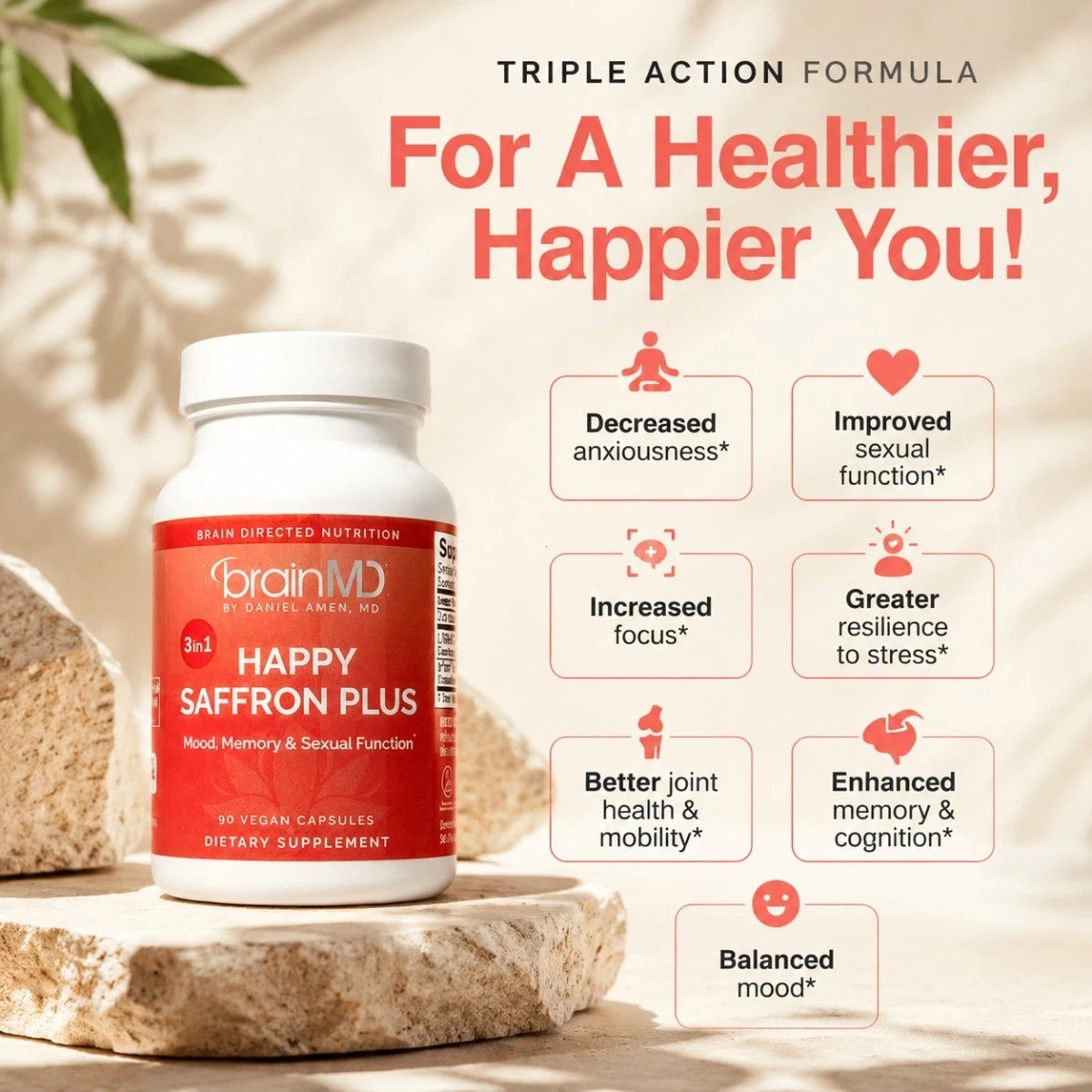 BrainMD Happy Saffron Plus 3-in-1 Vegan Capsules Mood Focus & Hormone Support