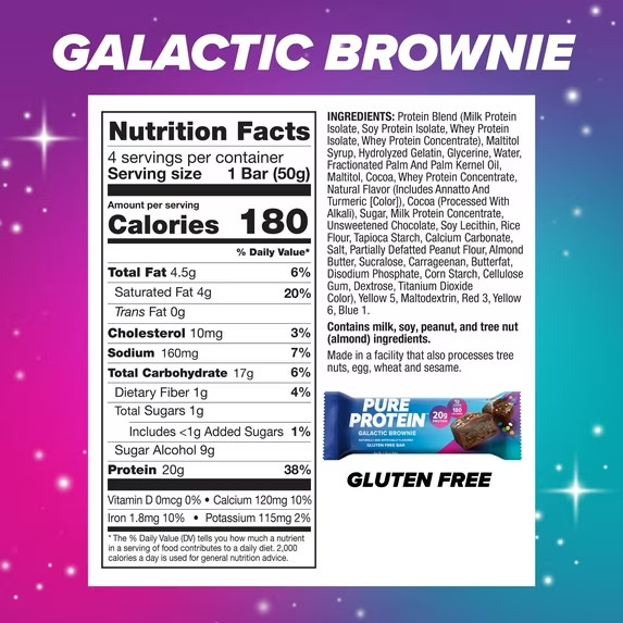 Pure Protein Bars, Galactic Brownie, Gluten Free, 20g Protein, 1.76 oz, 4 Count