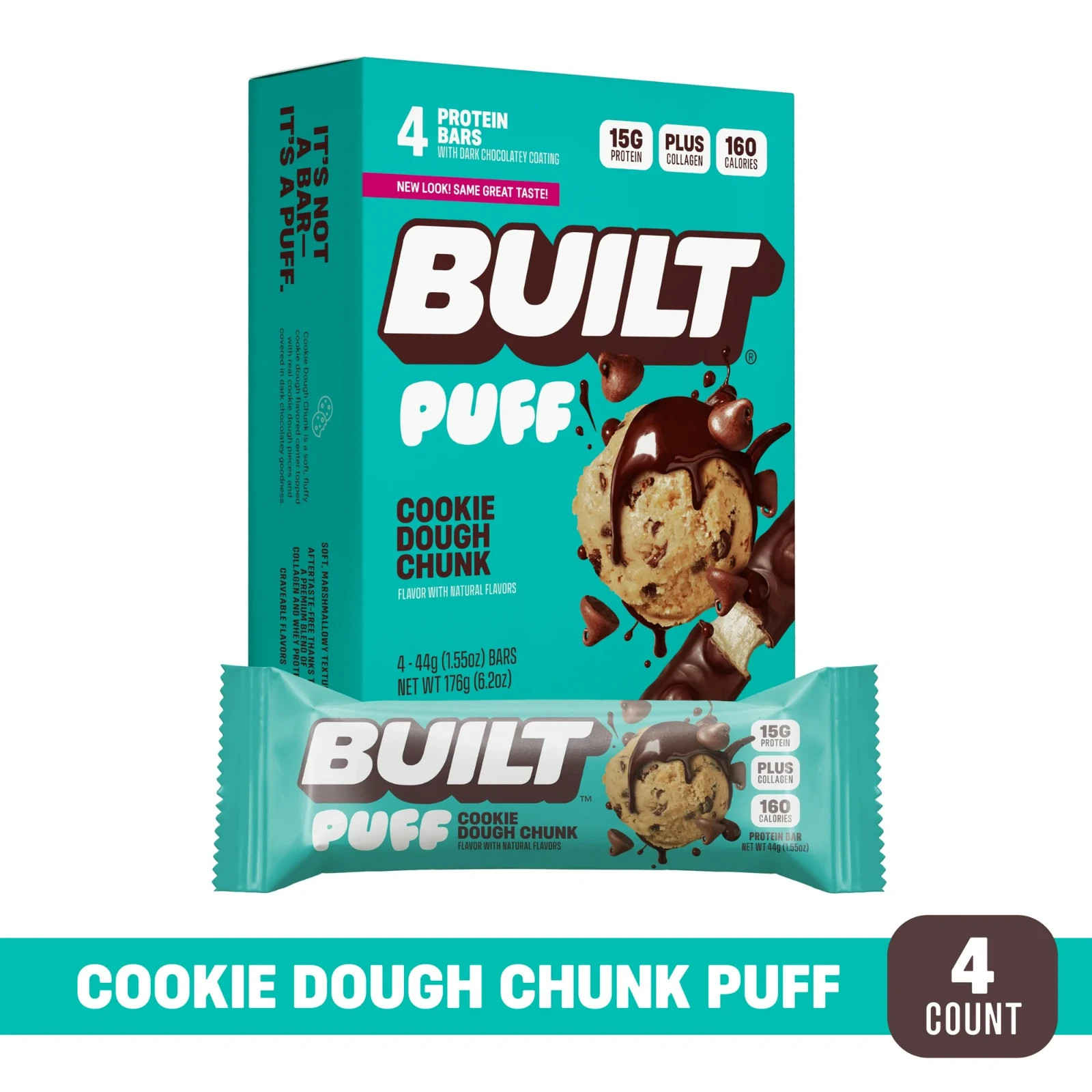 BUILT Bar Protein Bar, Cookie Dough Chunk Puff, 15g Protein, Collagen, 4 Count