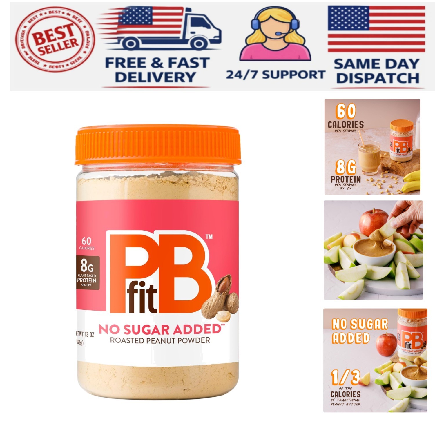 13oz All-Natural Peanut Butter Powder – Sweetened with Monk Fruit, 8g Protein