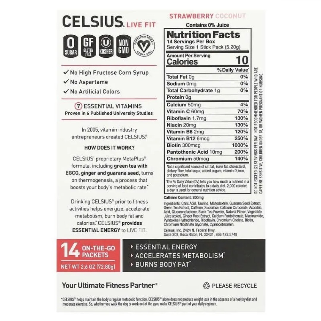 Celsius on the Go Energy Fat Burner Powder Strawberry/Coconut – 2 Pk. 28 Sticks