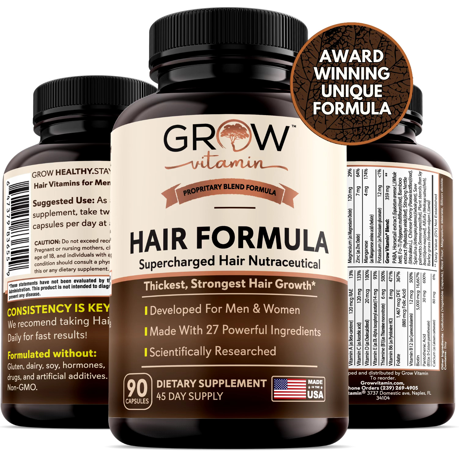 Grow Vitamin Hair Formula, Vitamins & Herbs 90 Vegetable Capsules