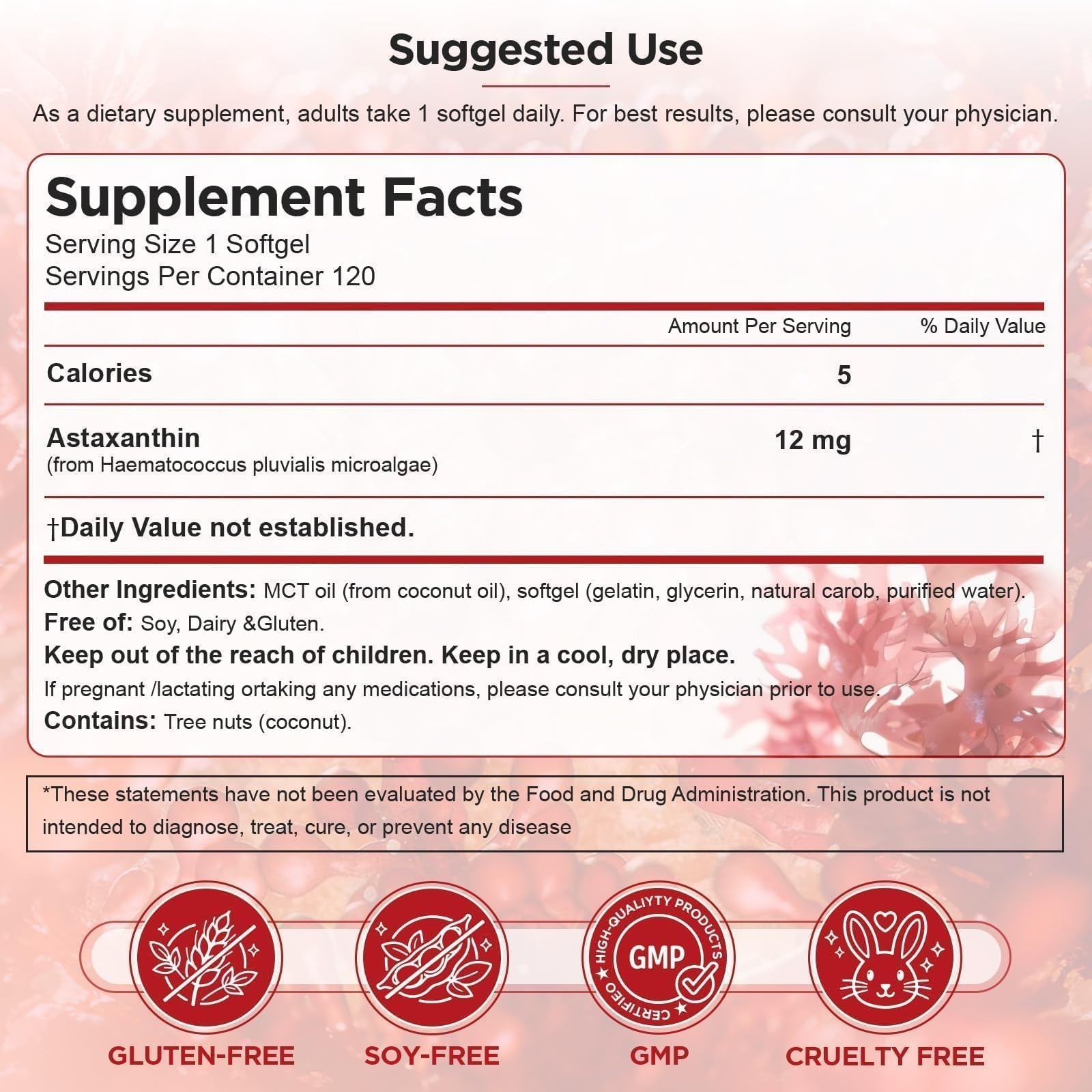 Astaxanthin 12mg with MCT Oil – 120 120 Count (Pack of 1), Red