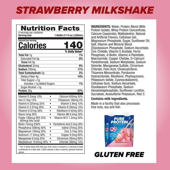 Pure Protein Strawberry Milkshake Complete Protein Shake, 11 fl oz, 4 Ct….,