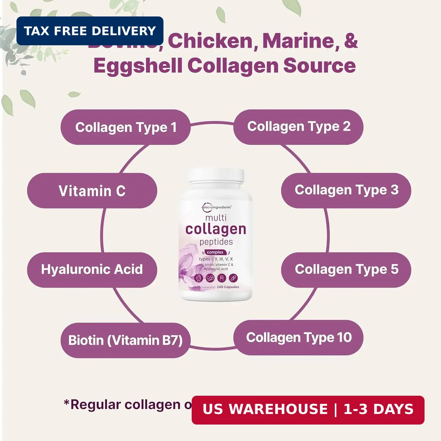 Micro Ingredients Multi Collagen Pills for Women & Men, 240 Capsules | Type I, I