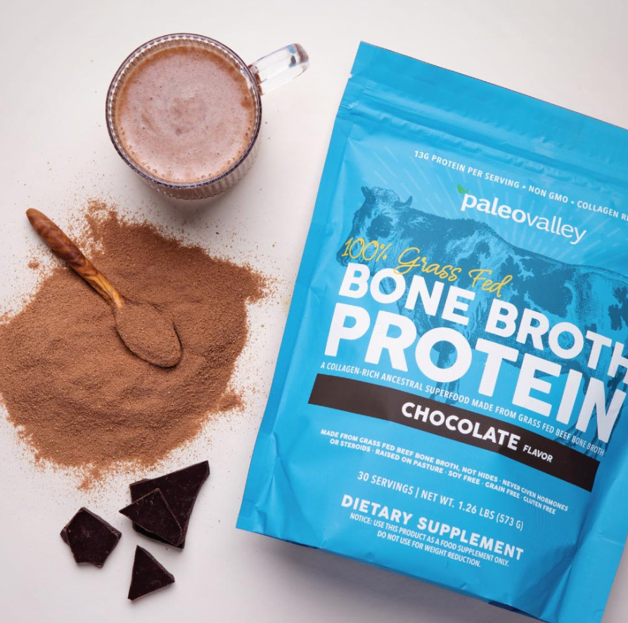 PaleoValley Grass Fed Bone Broth Protein Powder Chocolate 30 Servings 1.26lb