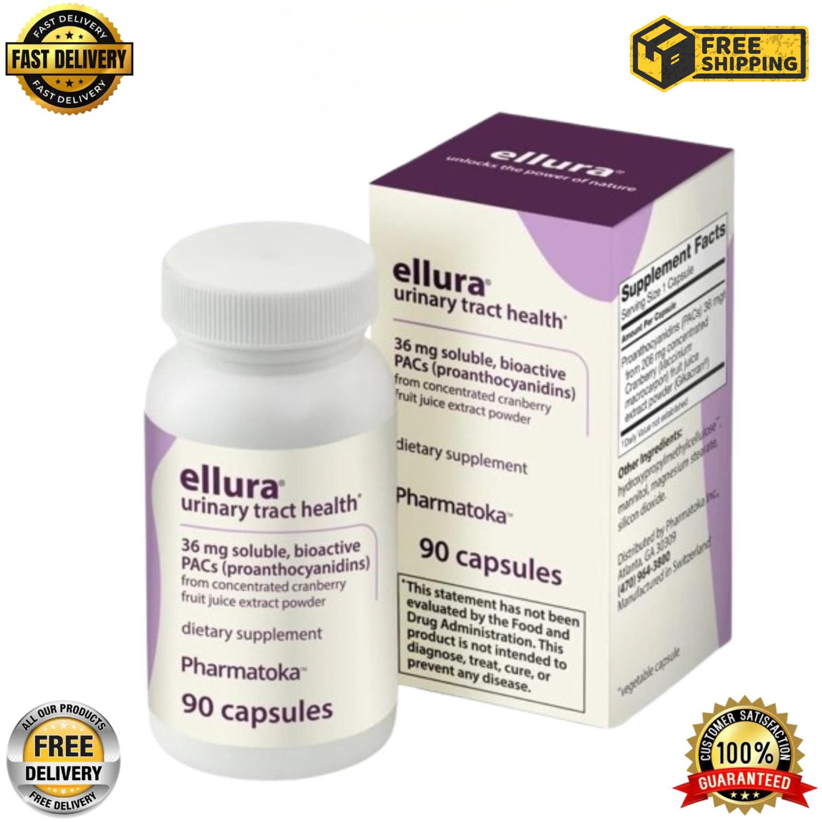 Ellura 36mg Cranberry Capsules 90ct – UTI Support Supplement – Urinary Health