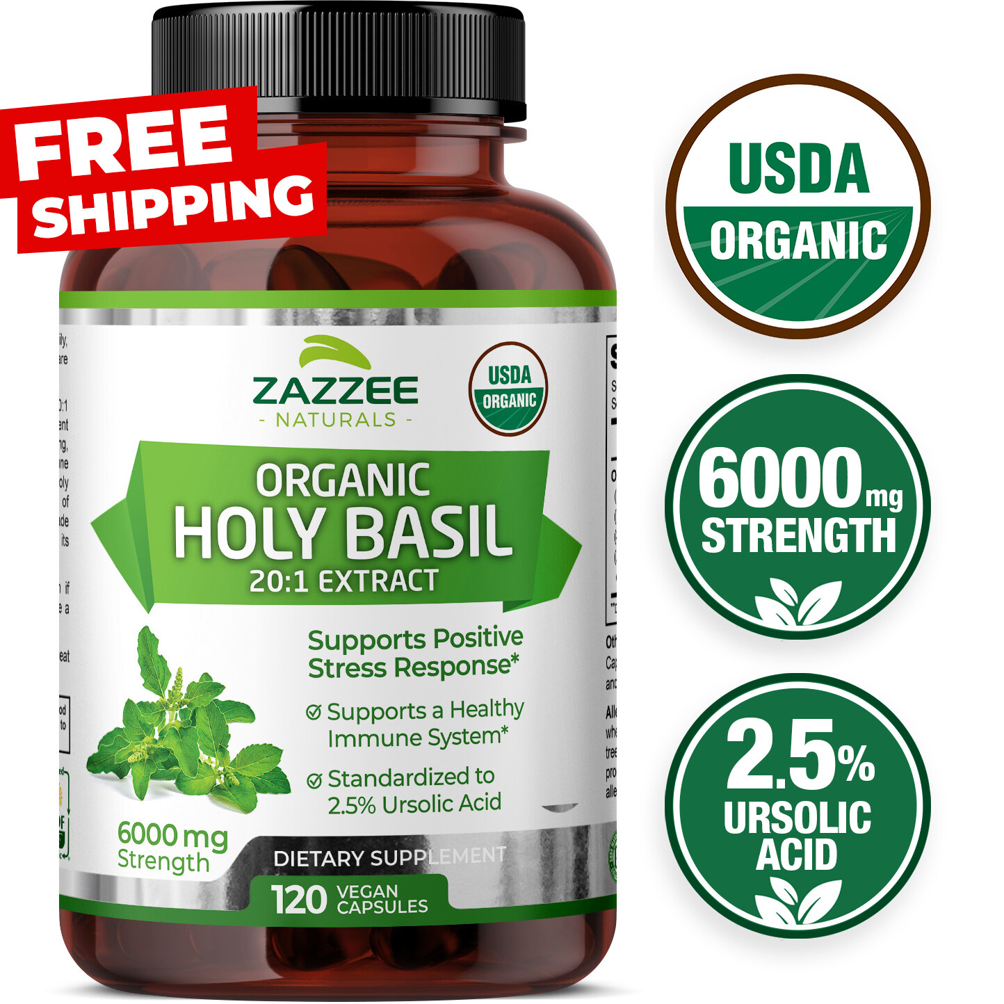 Extra Strength USDA Organic Holy Basil, 20:1 Tulsi Extract, 6000 mg Strength