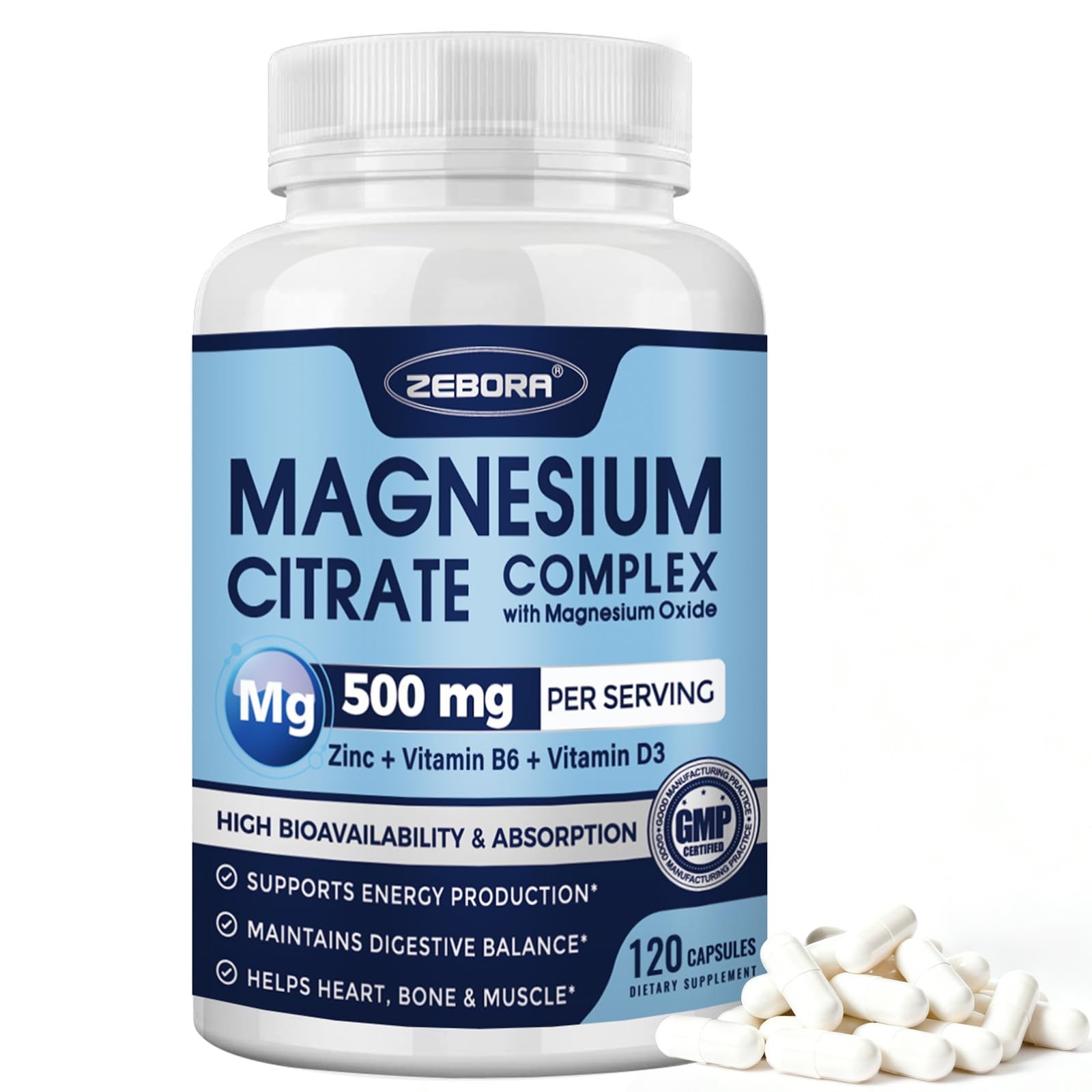 ZEBORA Magnesium Citrate Complex 500mg with Vitamin D3 120 Count (Pack of 1)