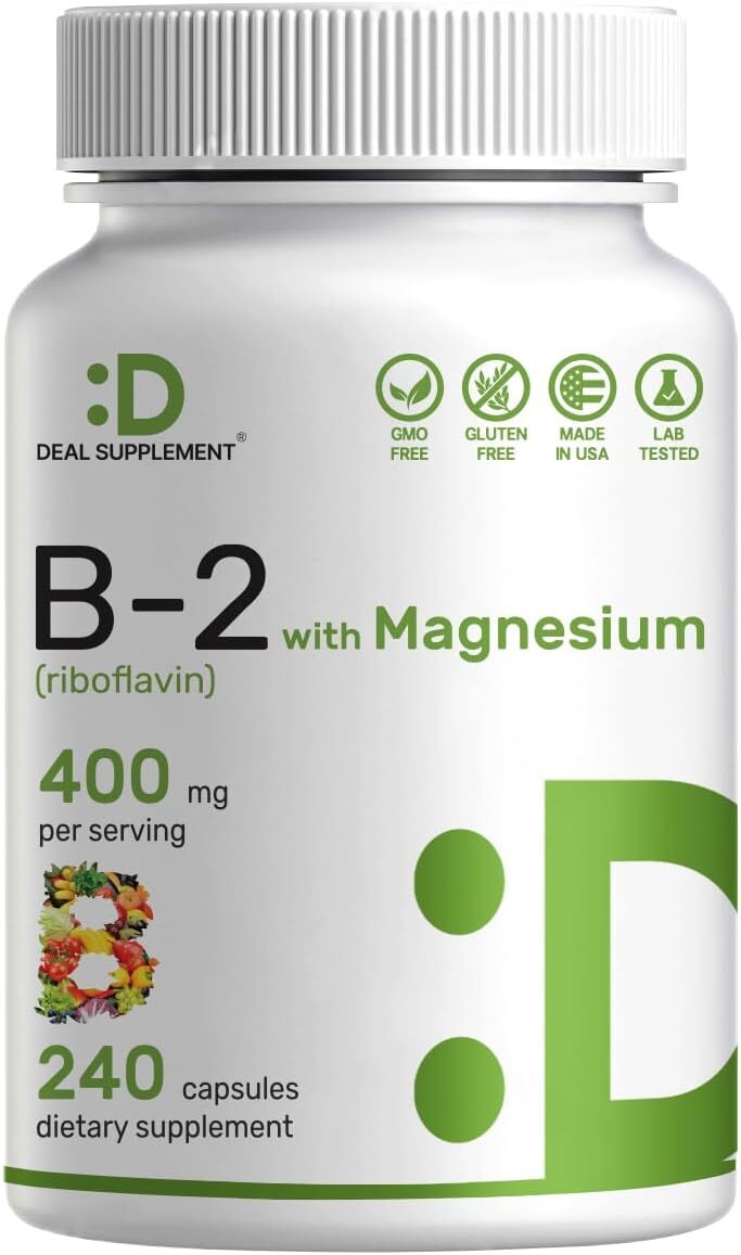 Vitamin B2 Riboflavin 400mg Magnesium Glycinate 400mg 240Cps Gluten Free/Non-GMO