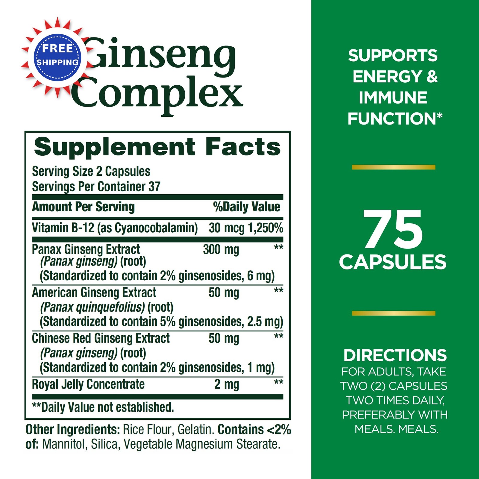 Ginseng Capsules 75 Count Pack Natures Bounty Complex Supports Vitality Immune