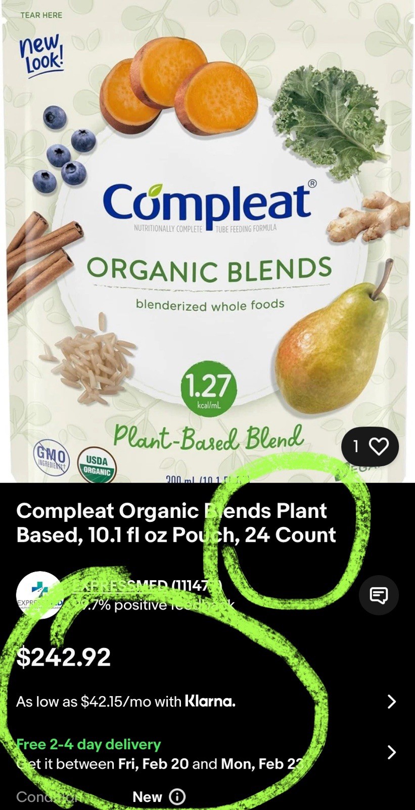 Compleat Pediatric Organic Blends Plant Base Blenderized Tube Feed – 1 Box of 33