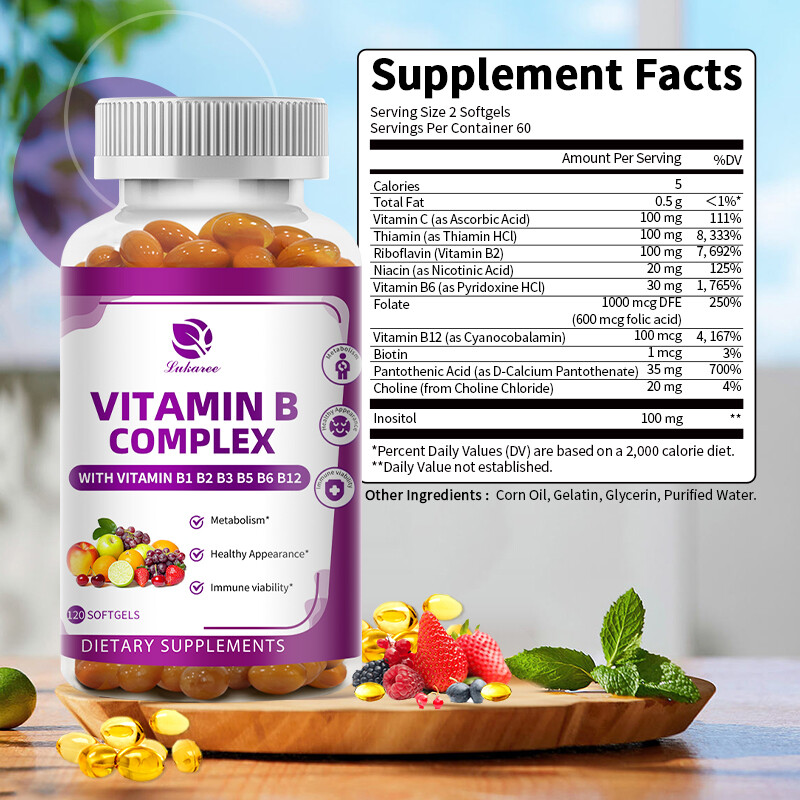 Vitamin B Complex 120 Capsules B1,B2,B3,B5,B6,B7,B9,B12, Immune Support Pills
