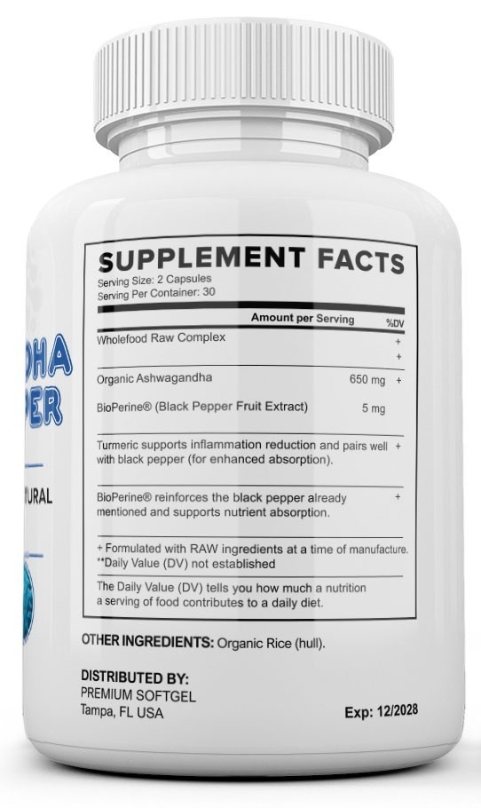Black Pepper Root Powder Ashwagandha Capsules 60ct 1300mg Supplement w/