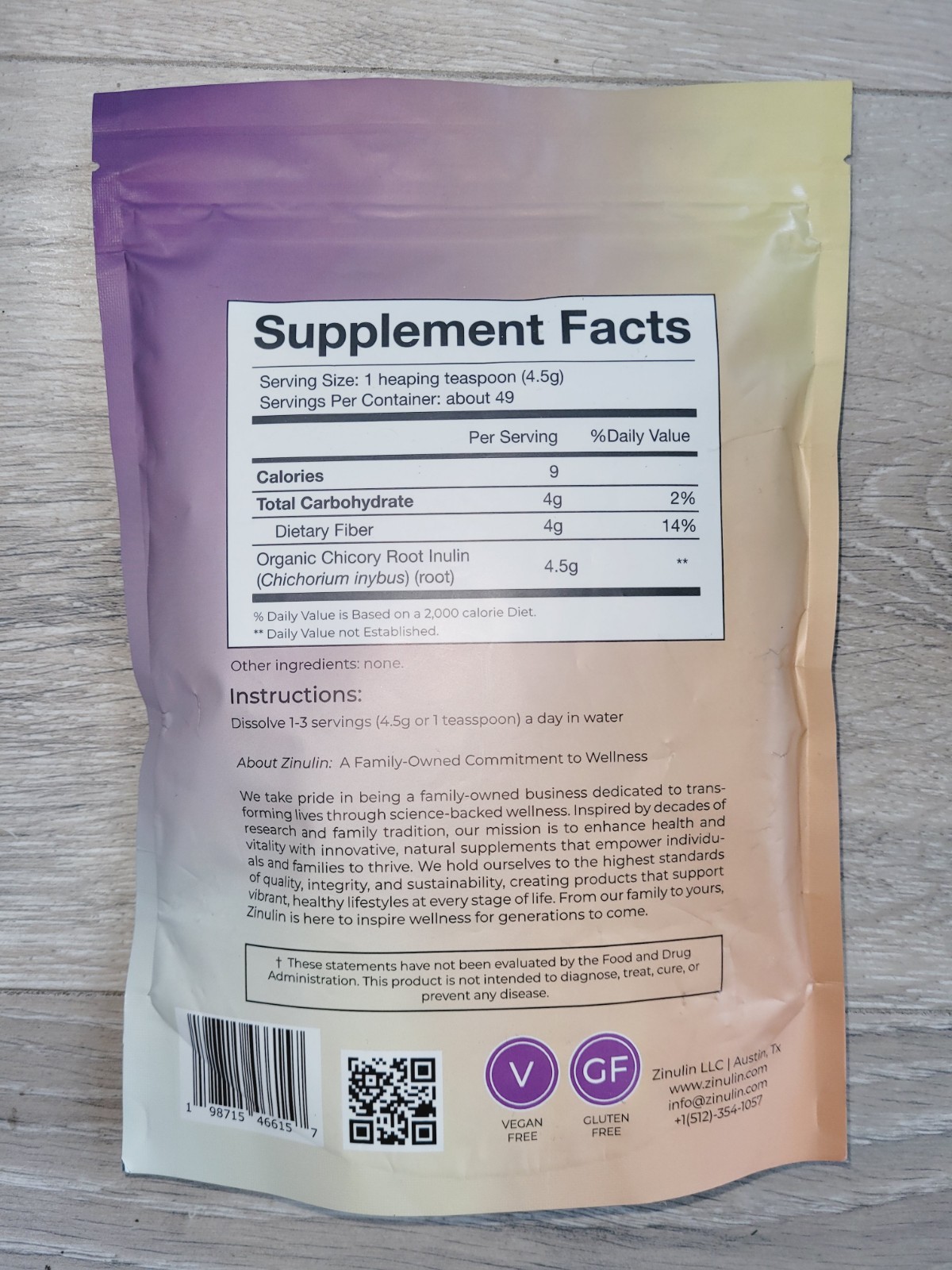 Zinulin™ Organic Inulin Powder – 100% Chicory Root Prebiotic Unflavored 7.78 oz