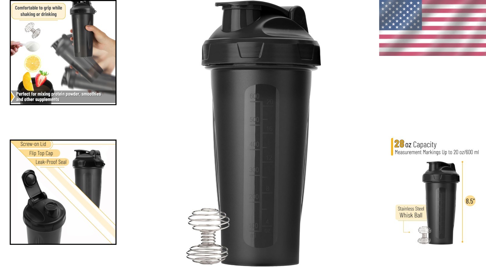 Leak-Proof 28 oz Protein Shaker Bottle with Stainless Steel Whisk – BPA Free