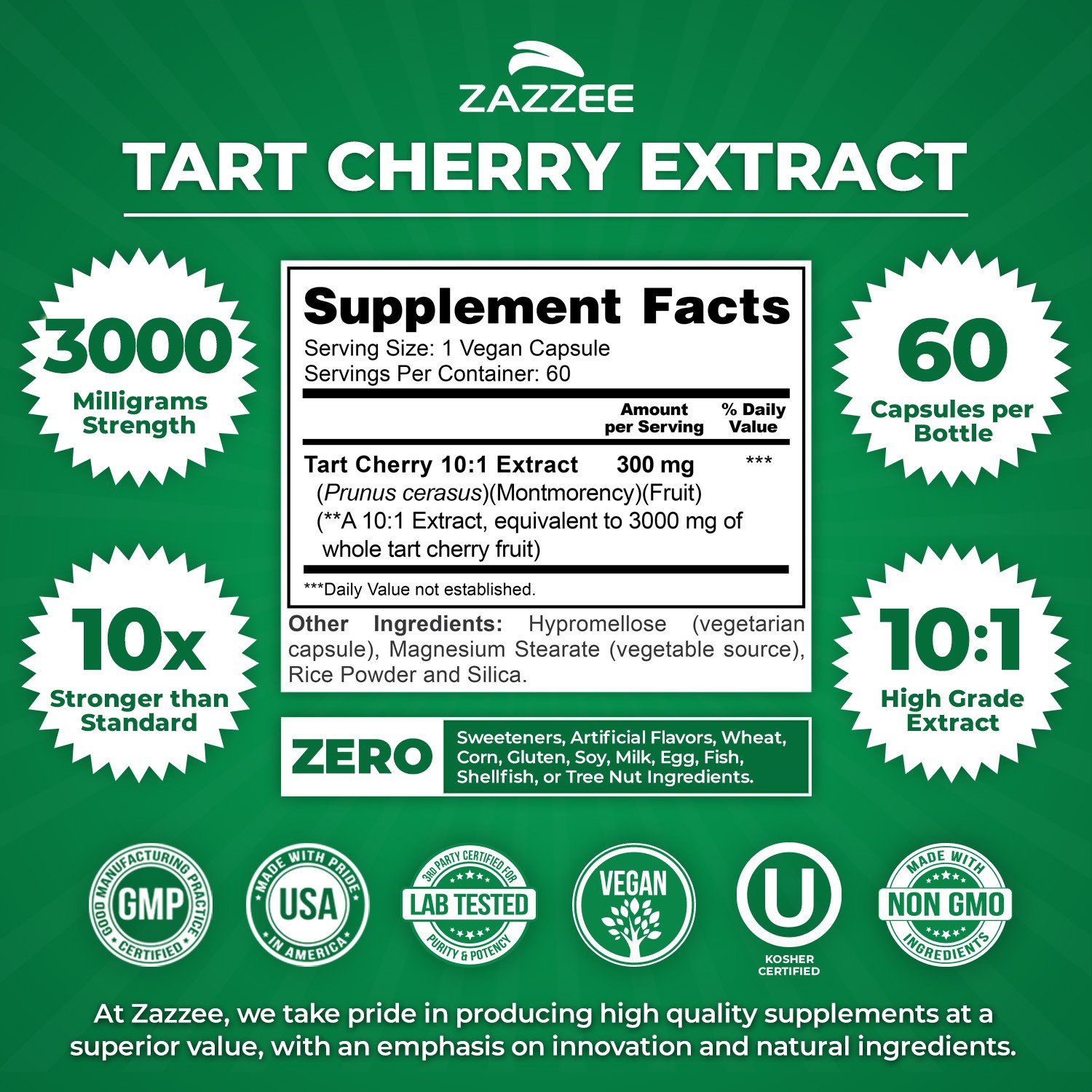 Zazzee Tart Cherry 10:1 Extract, 3000 mg Strength, 60 Vegan Capsules, Kosher
