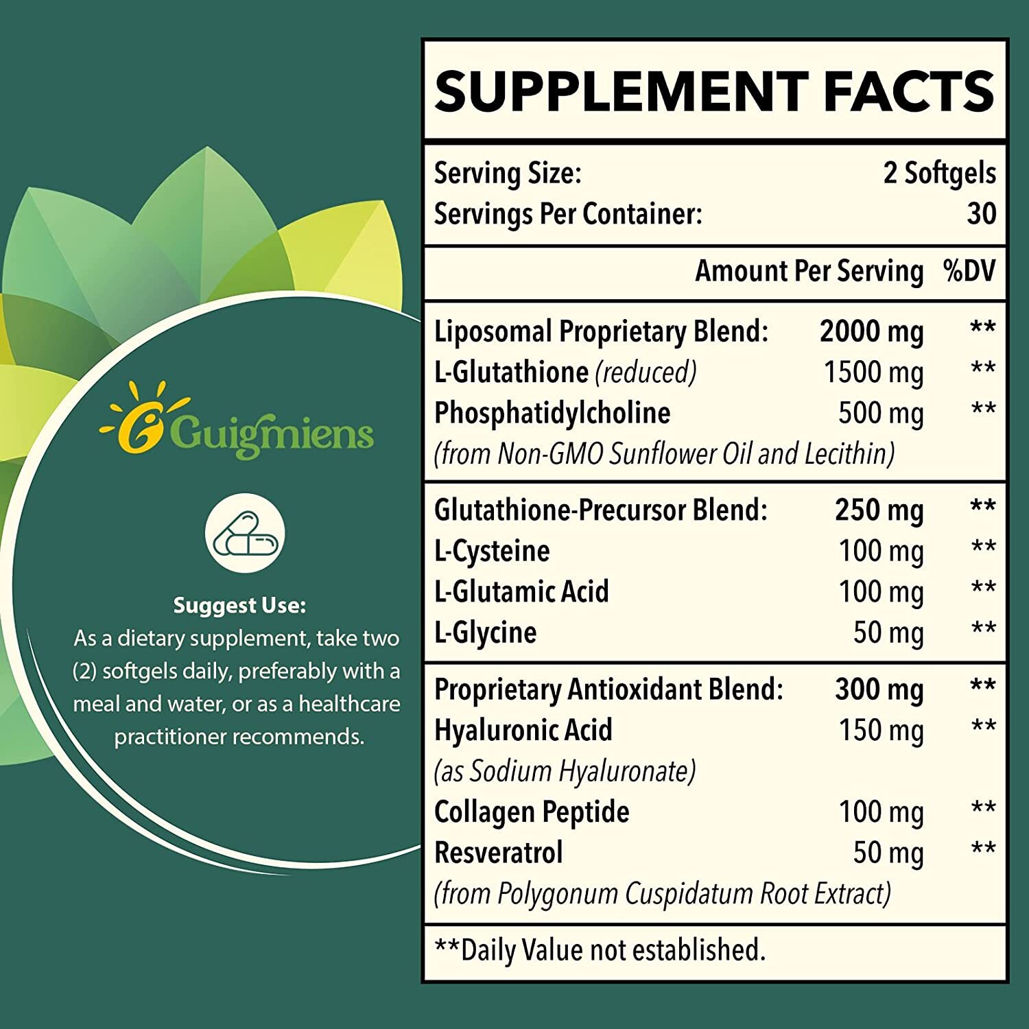 LIPOSOMAL GLUTATHIONE 2000mg Resveratrol + Collagen + Hyaluronic Acid Anti Aging