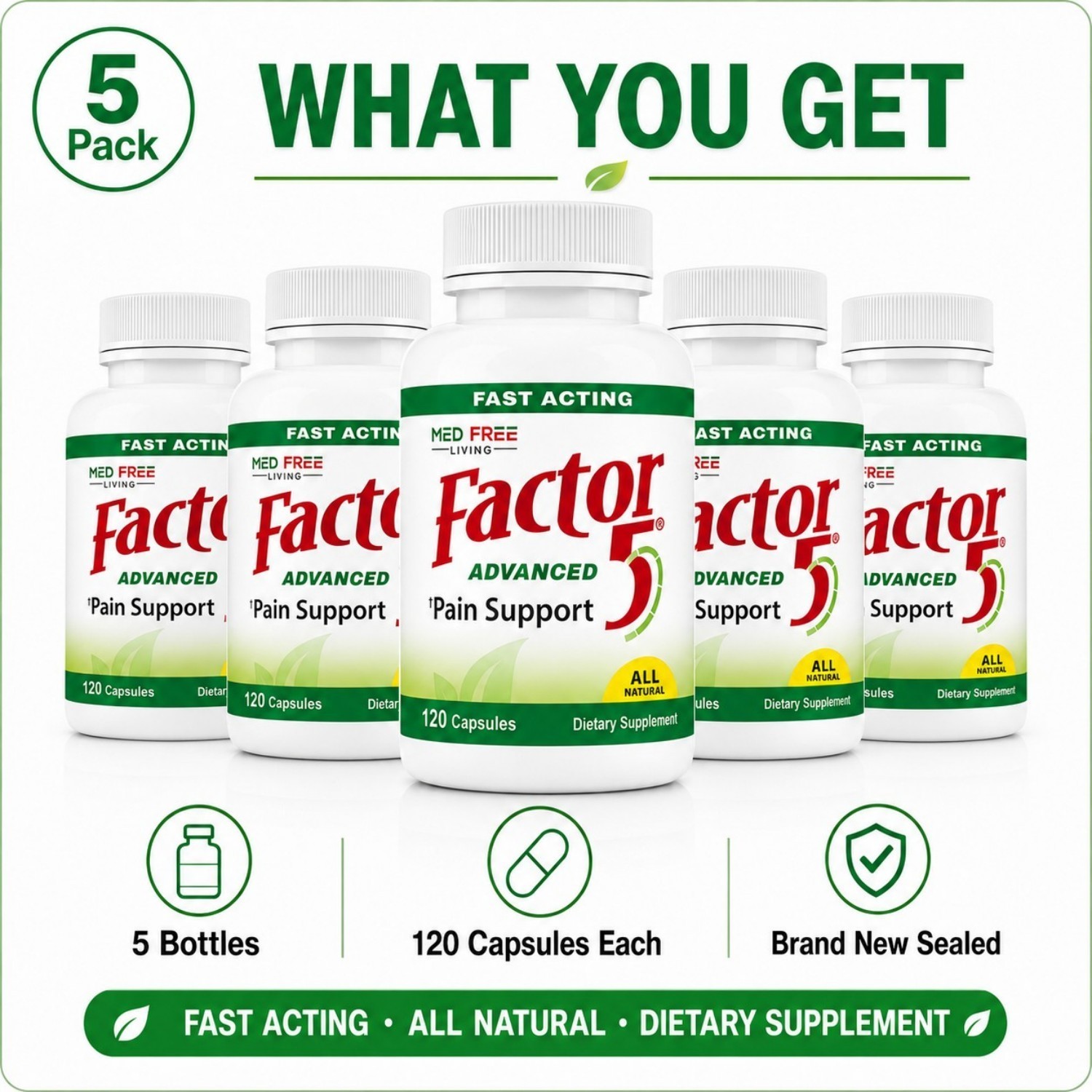 Med Free Living Factor 5 Joint Muscle Support Complex 120 Caps Five Bottles