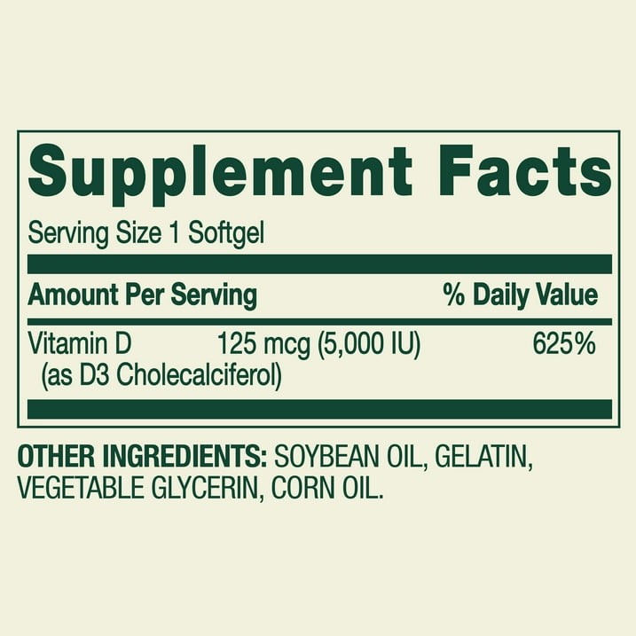 Spring Valley Vitamin D3 5000 IU 125 mcg Softgels Bone Immune Health 250 Count