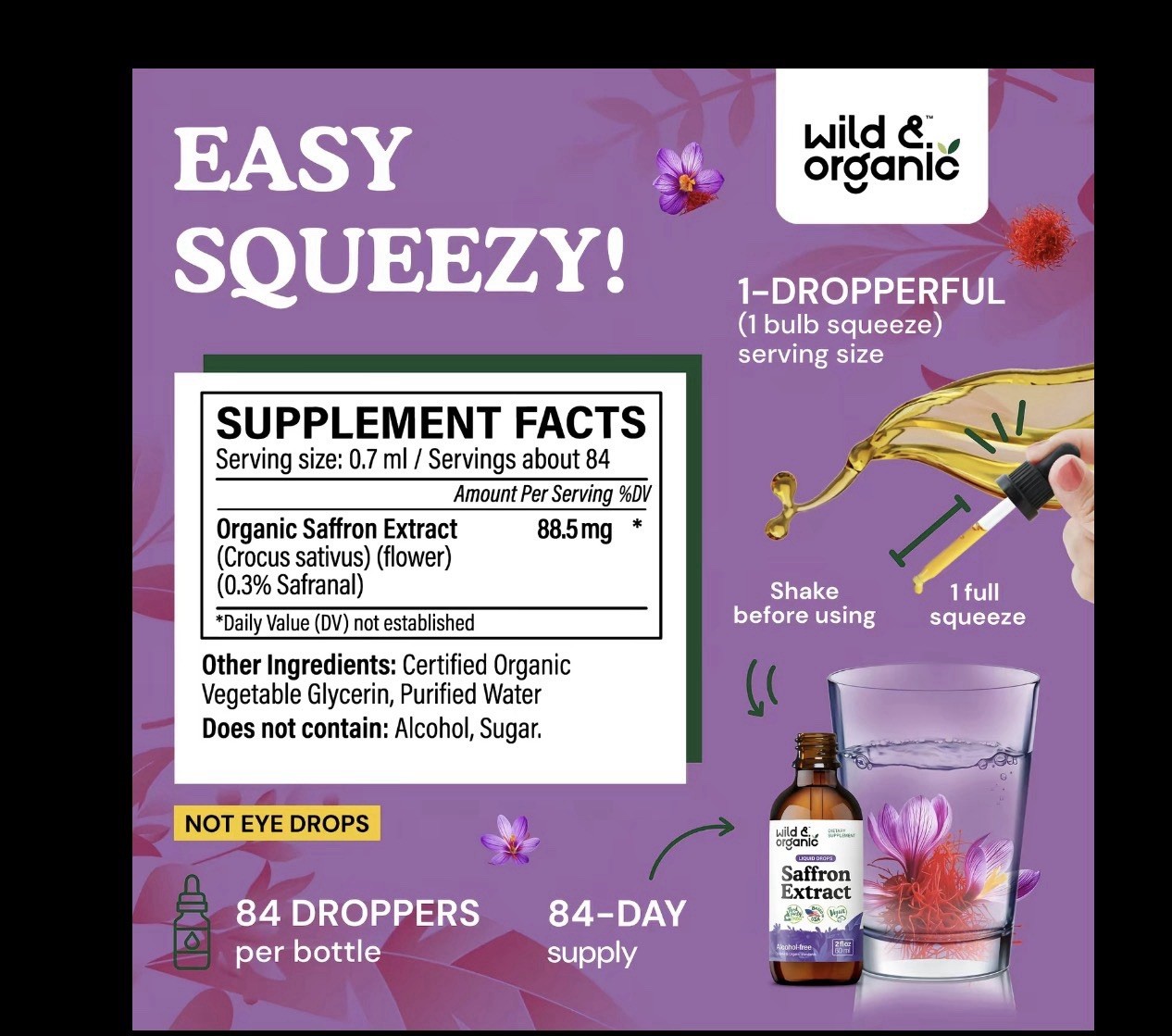 Wild & Organic Saffron Extract Liquid Drops Alcohol-Free Vegan 2 fl oz