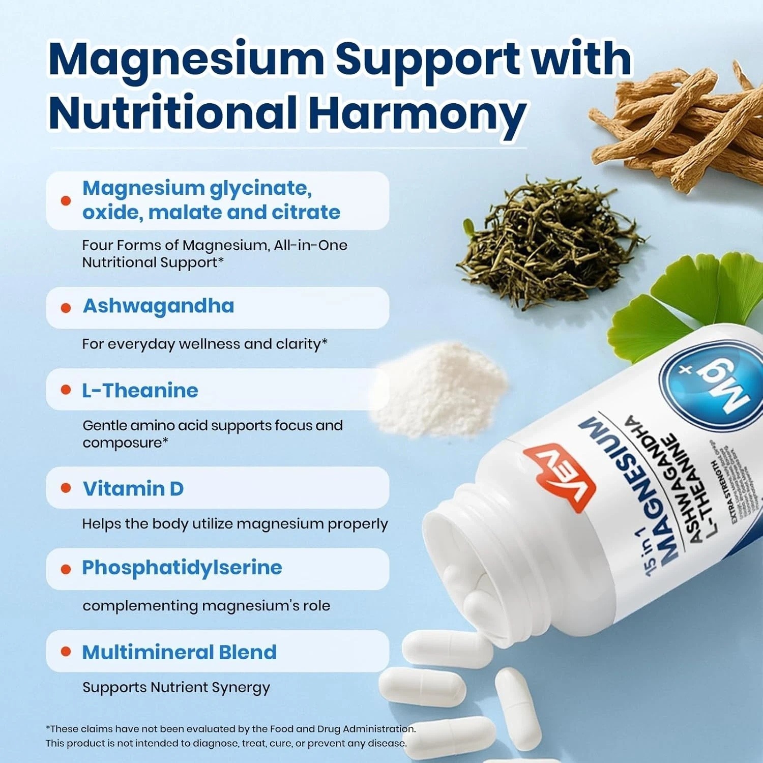 2 BOTTLES-NEW VEV DeepCalm 15 in 1 Magnesium Glycinate&Citrate Complex Capsules