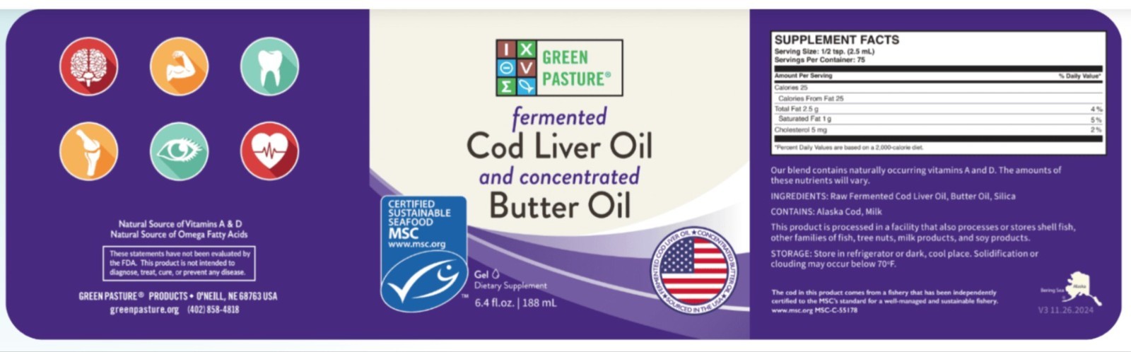 Green Pasture Fermented Cod Liver Oil & Butter Oil Blend Unflavored 6.4 fl oz