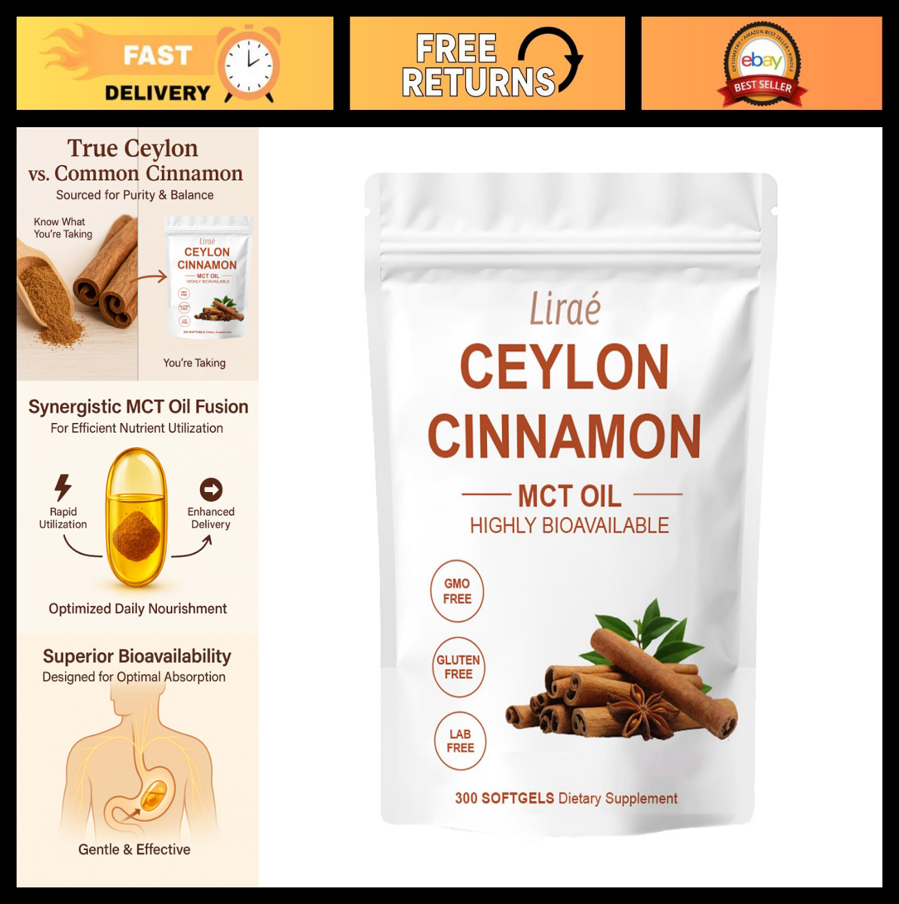 Ceylon Cinnamon Softgels 300 Count with MCT Oil, Non-GMO, Gluten-Free, Easy to S