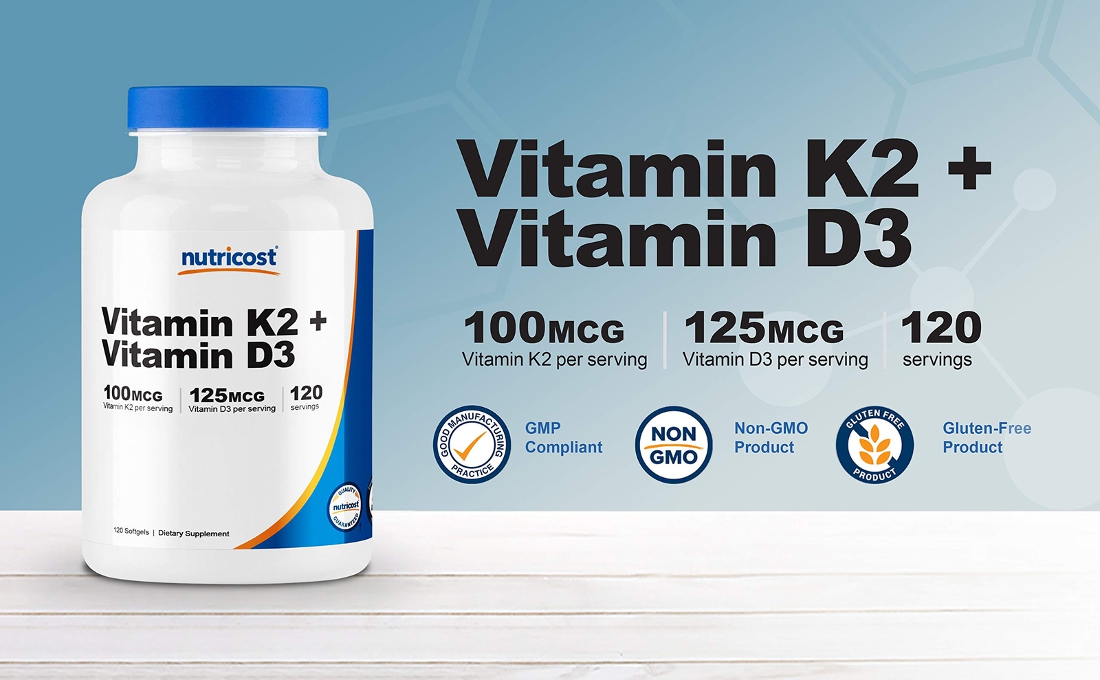 Nutricost Vitamin K2 (MK7) (100mcg) + Vitamin D3 (5000 IU) 120 Softgels – Glu…