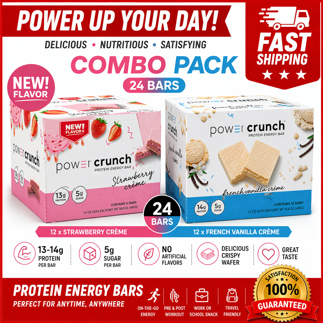Power Crunch Protein Bars, French Vanilla Cream&Strawberry Creme, 1.4 oz, x12ct