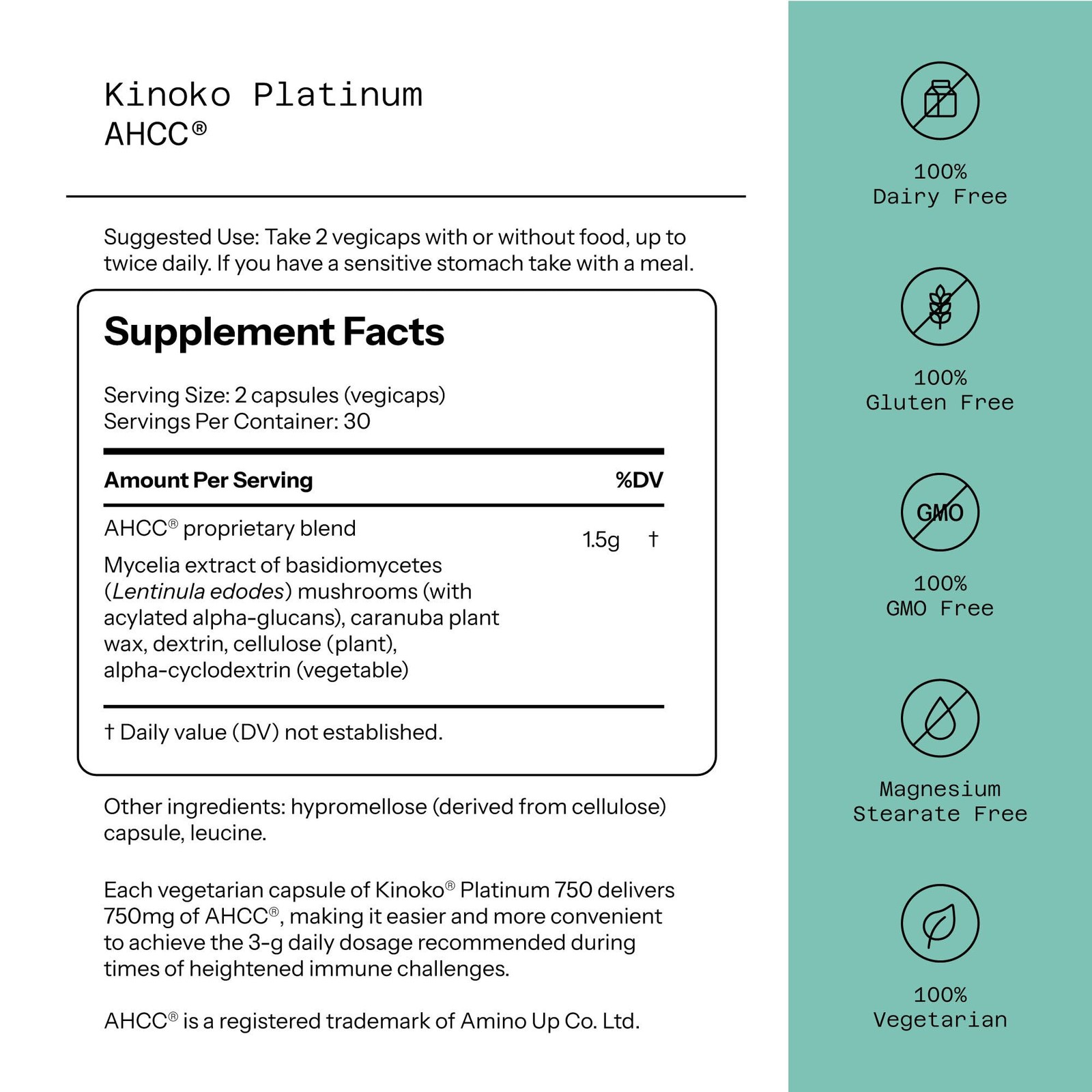 Premium Kinoko Platinum AHCC Herbal Supplement, 750mg per Capsule, for Immune…