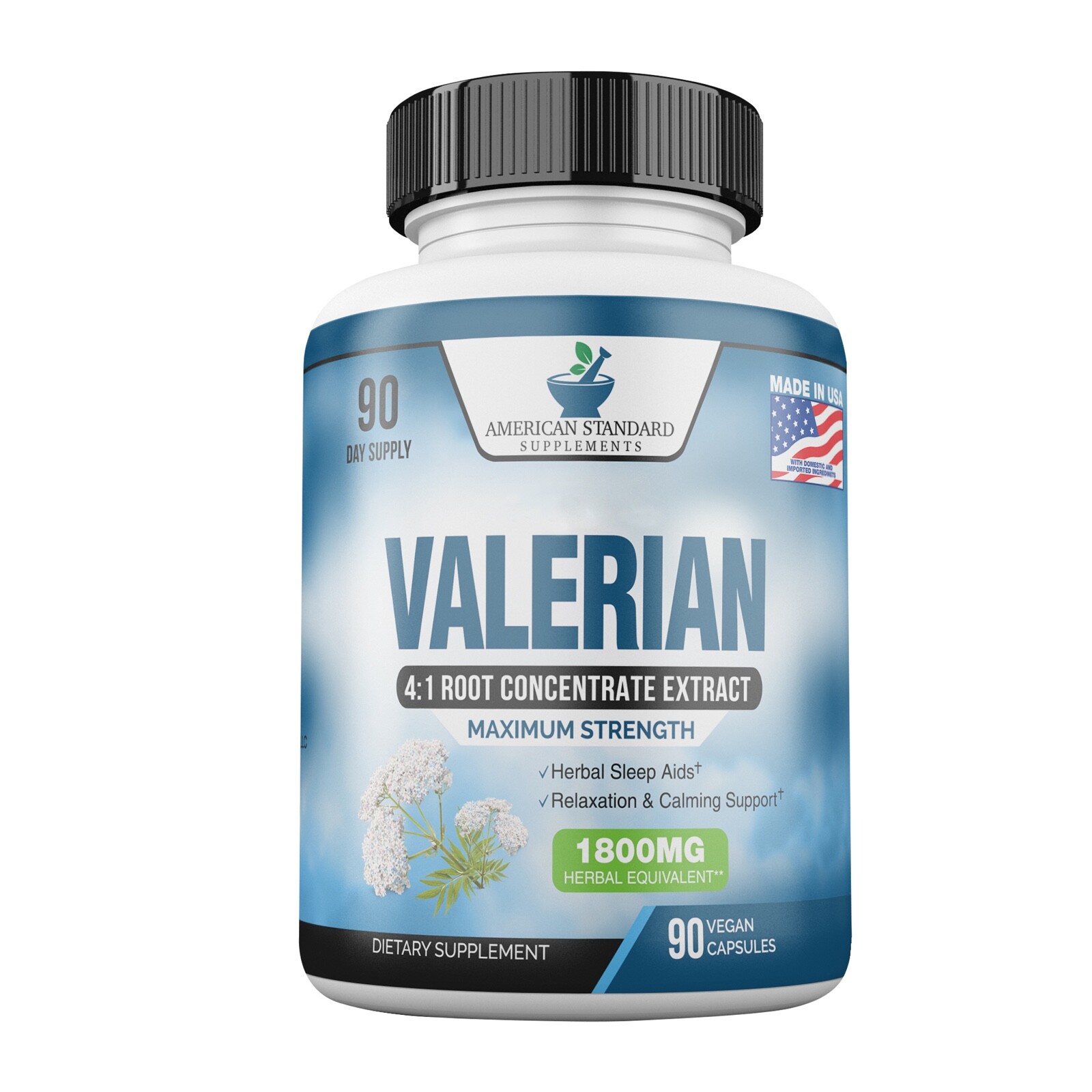 Valerian Root Capsules Organic 1800mg, Natural Sleep Aid, 90 Veggie Capsules