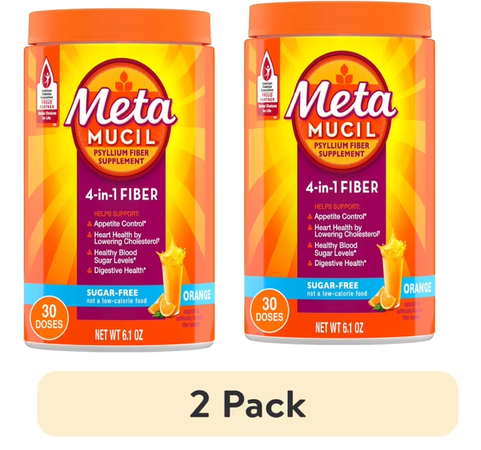 Metamucil 4-in-1 Fiber Sugar-Free Supplement (Orange) 6.1 OZ 2 pk